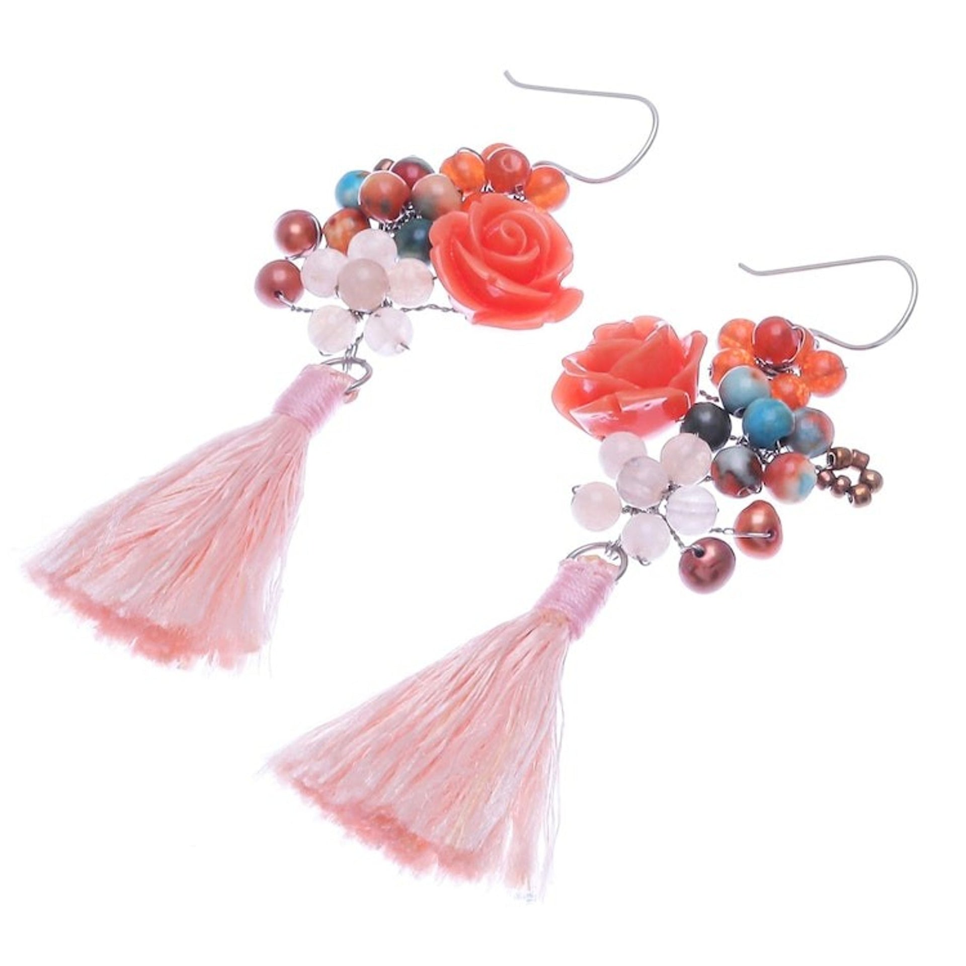 Agate and Cultured Freshwater Pearl Dangle Earrings 'Candy Bouquet in Orange'