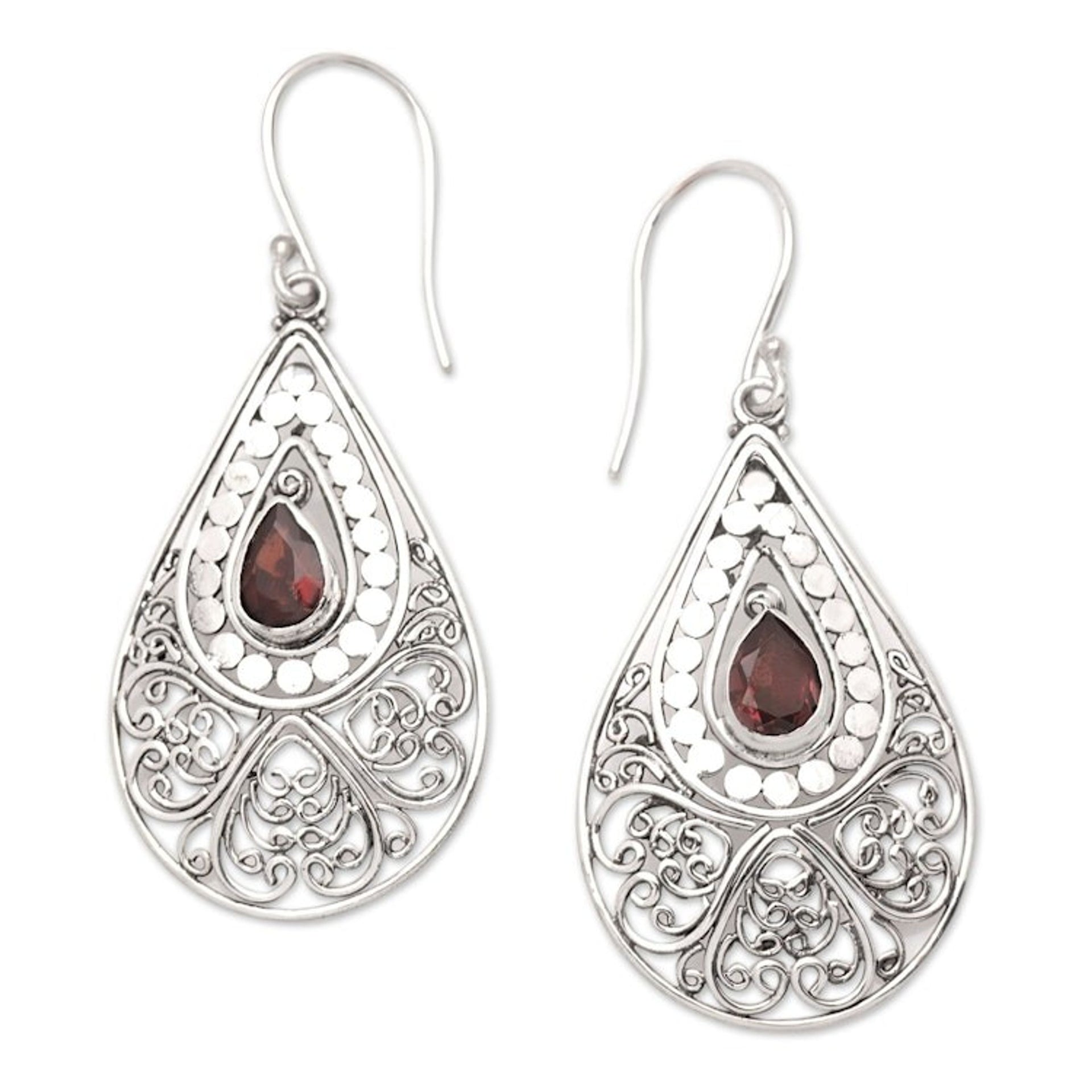 Natural Garnet and Sterling Silver Dangle Earrings from Bali 'Crimson Feeling'