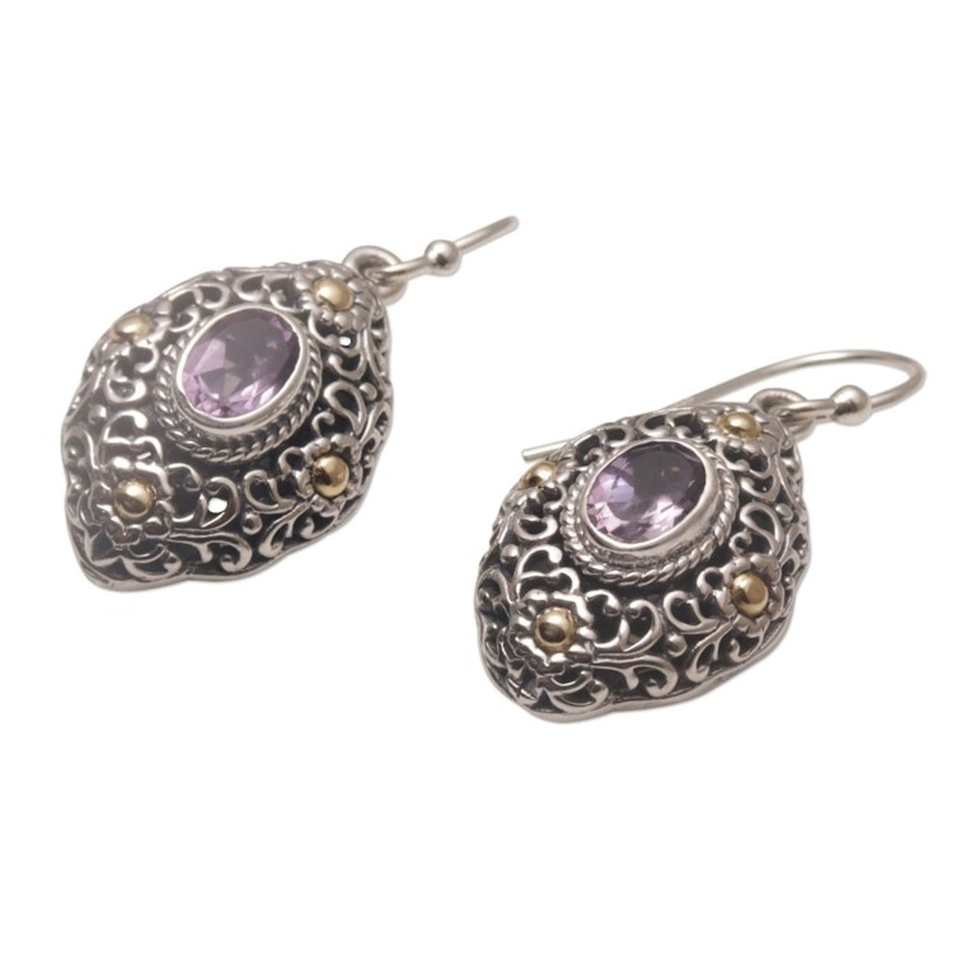 Gold Accent Amethyst Floral Dangle Earrings from Bali 'Floral Dew'
