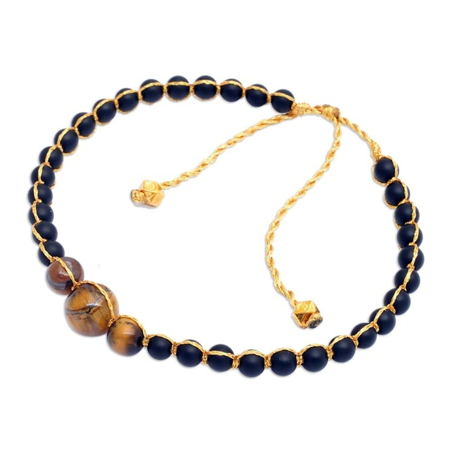 Gold-Accented Onyx and Tiger's Eye Beaded Bracelet from Bali 'Chakra of Earth'