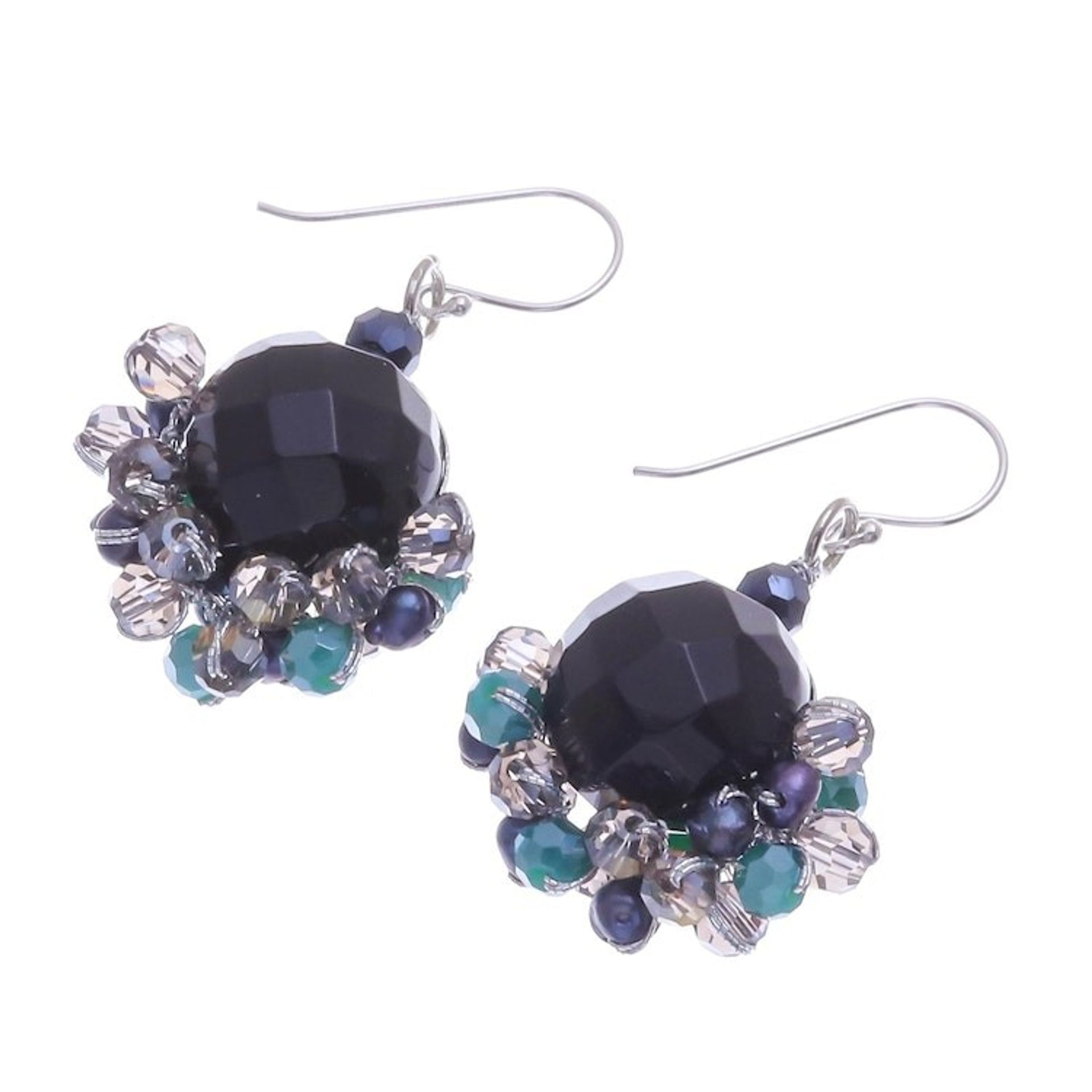 Onyx and Freshwater Pearl Dangle Earrings 'Vivid Dream in Teal'