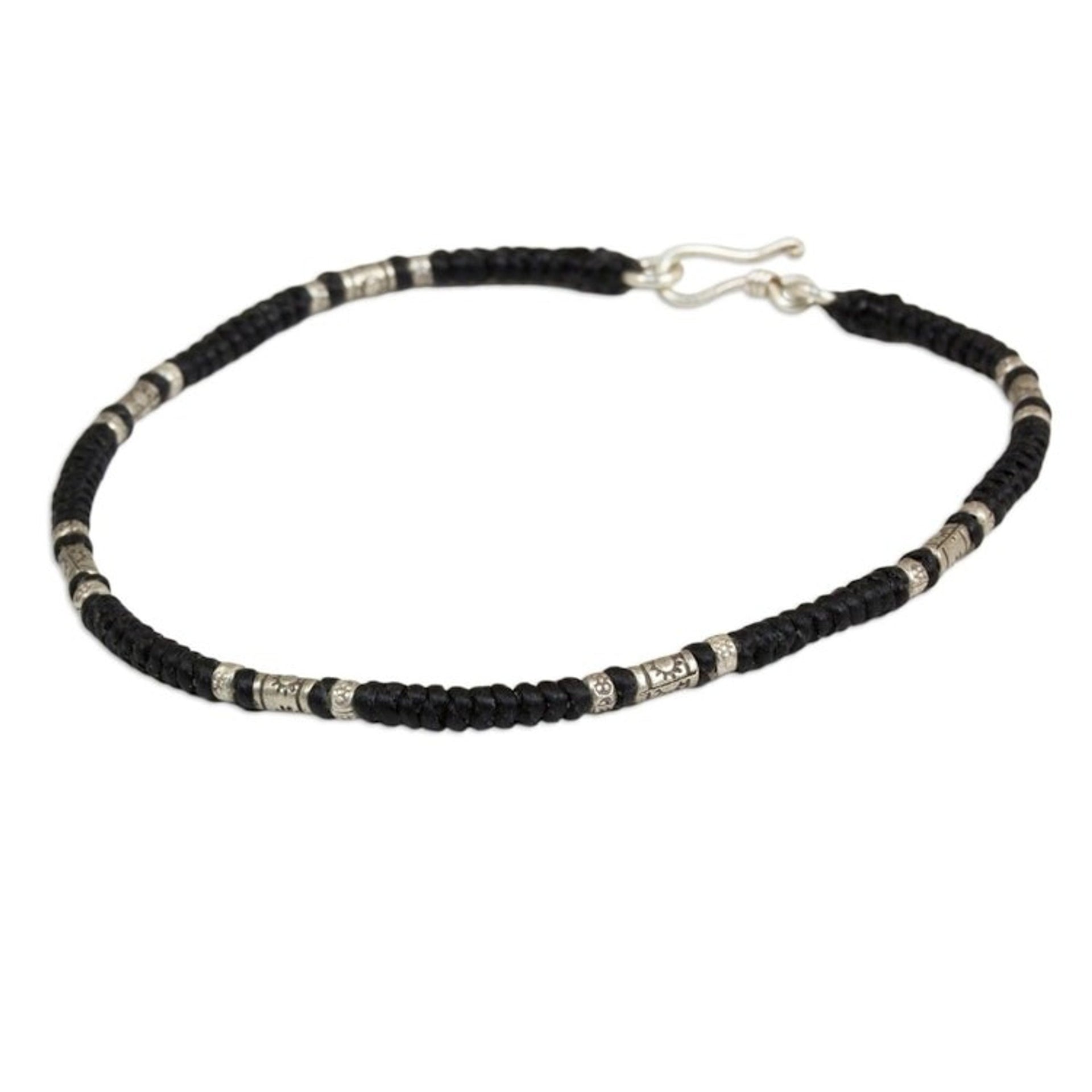 Artisan Crafted Black Anklet with Karen Hill Tribe Silver 'Wandering Black'