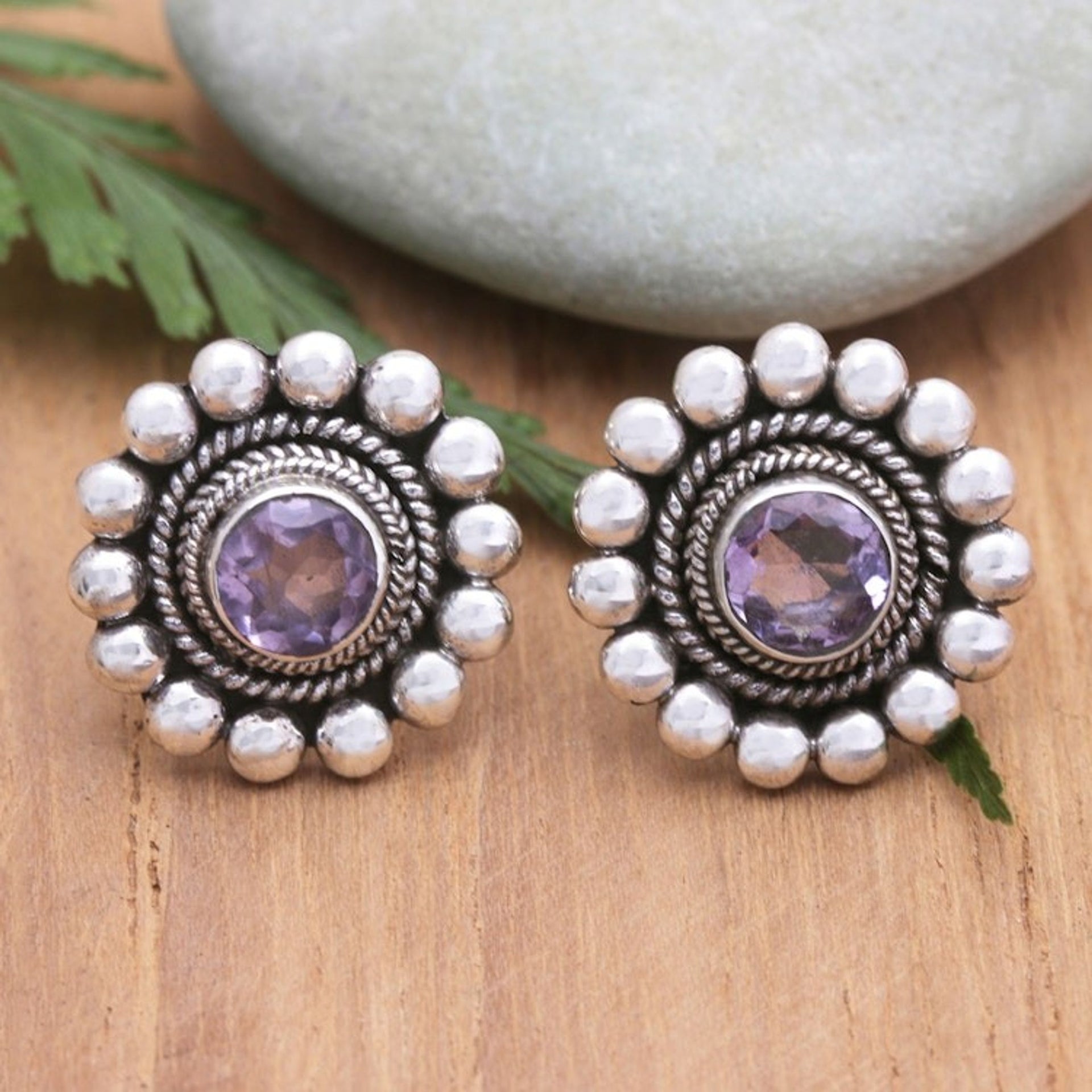 Sterling Silver and Amethyst Floral Drop Earrings from Bali 'Heavenly Flower in Purple'