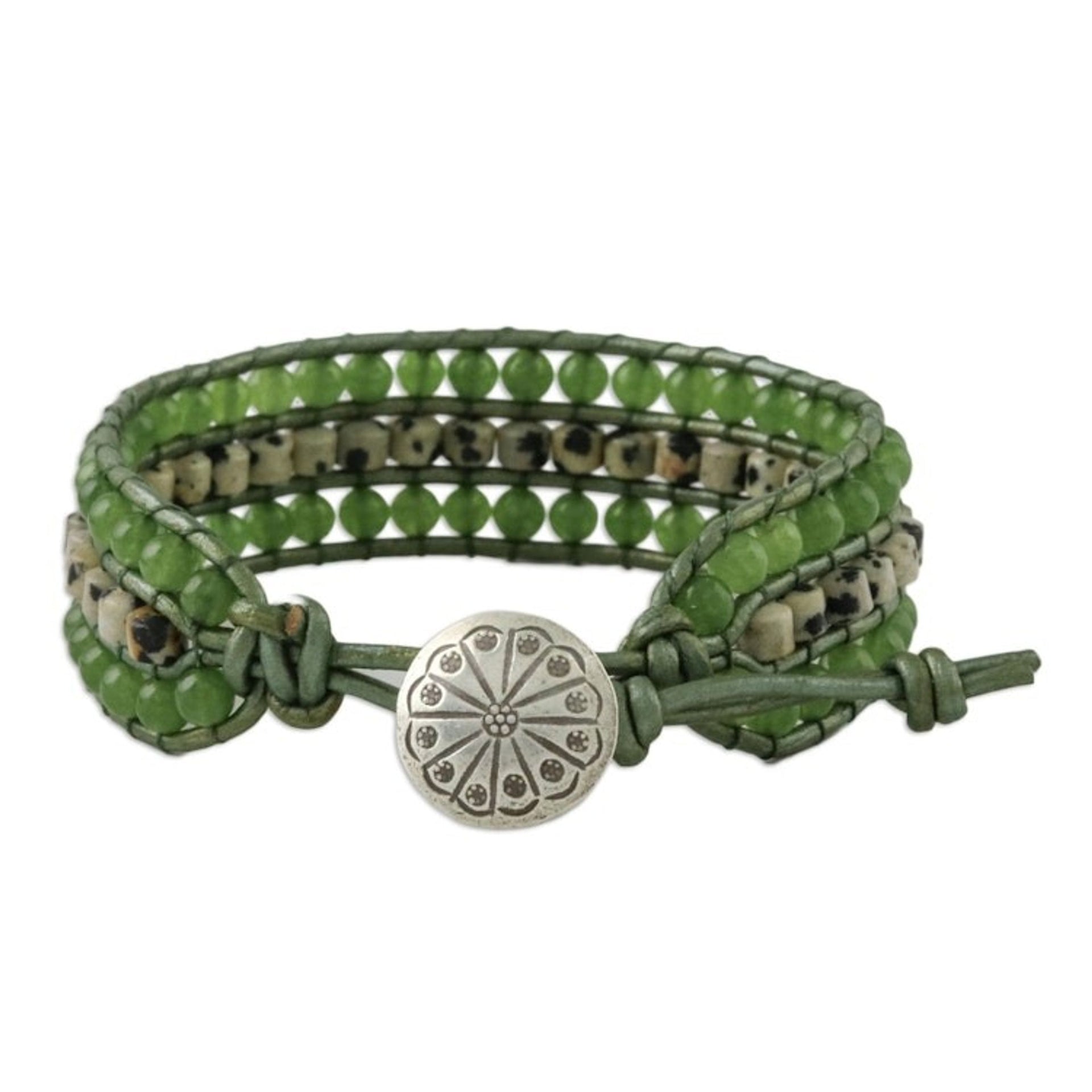 Jasper Quartz Bead and Karen Silver Wristband Bracelet 'Meadow Path'