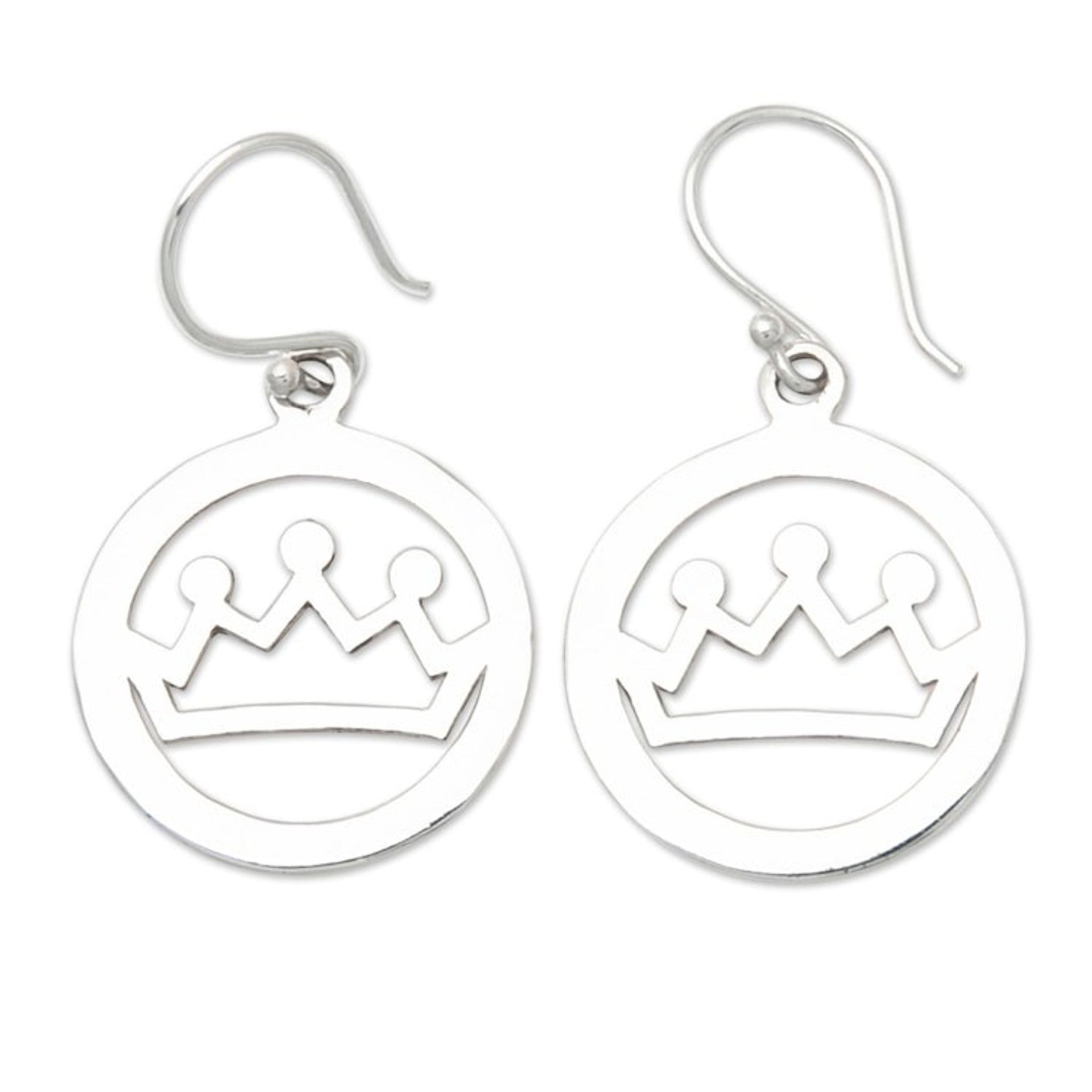 Whimsical Crown-Themed Round Sterling Silver Dangle Earrings 'Majestic You'