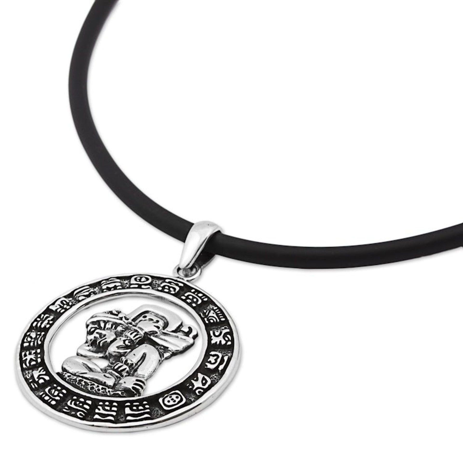 Sterling Silver and Rubber Aztec Pendant Necklace Mexico 'Time Carrier'