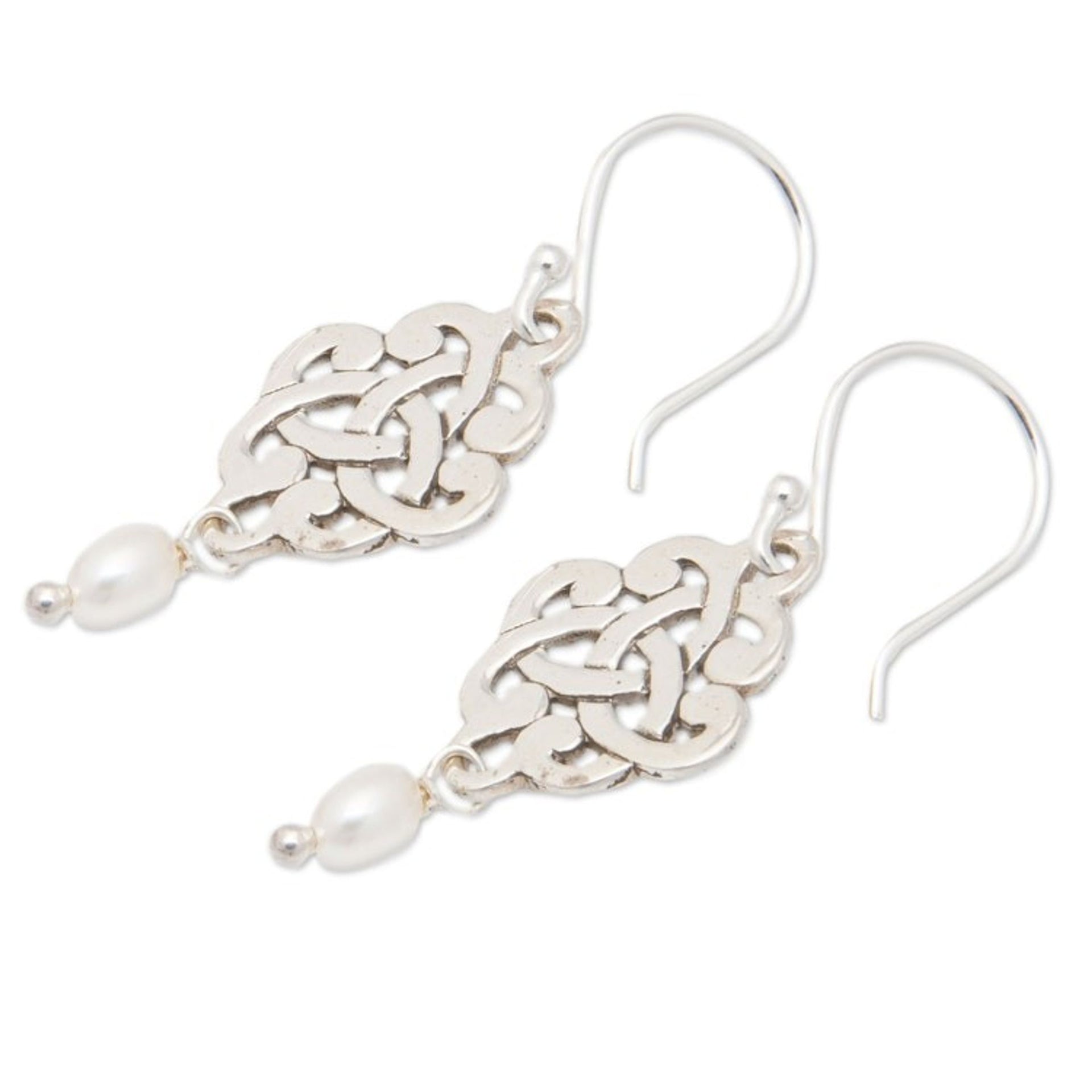 Sterling Silver Trinity Knot Dangle Earrings with Pearls 'Bridal Trinity Knot'