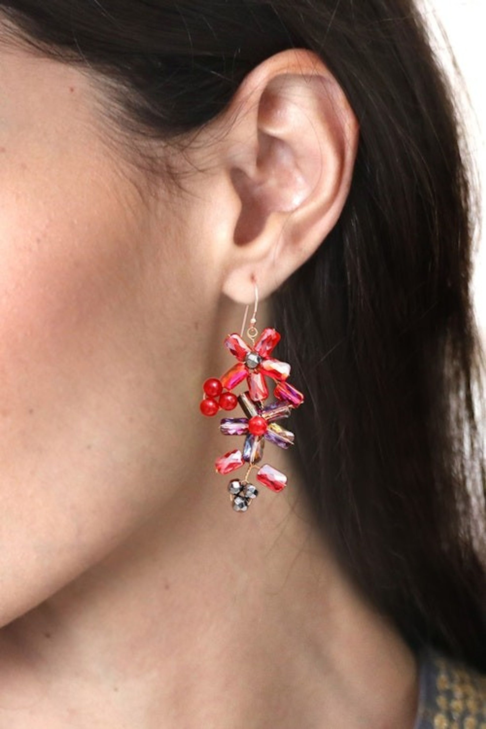 Thai-Made Floral Red Quartz and Glass Beaded Dangle Earrings 'Fire Spring'