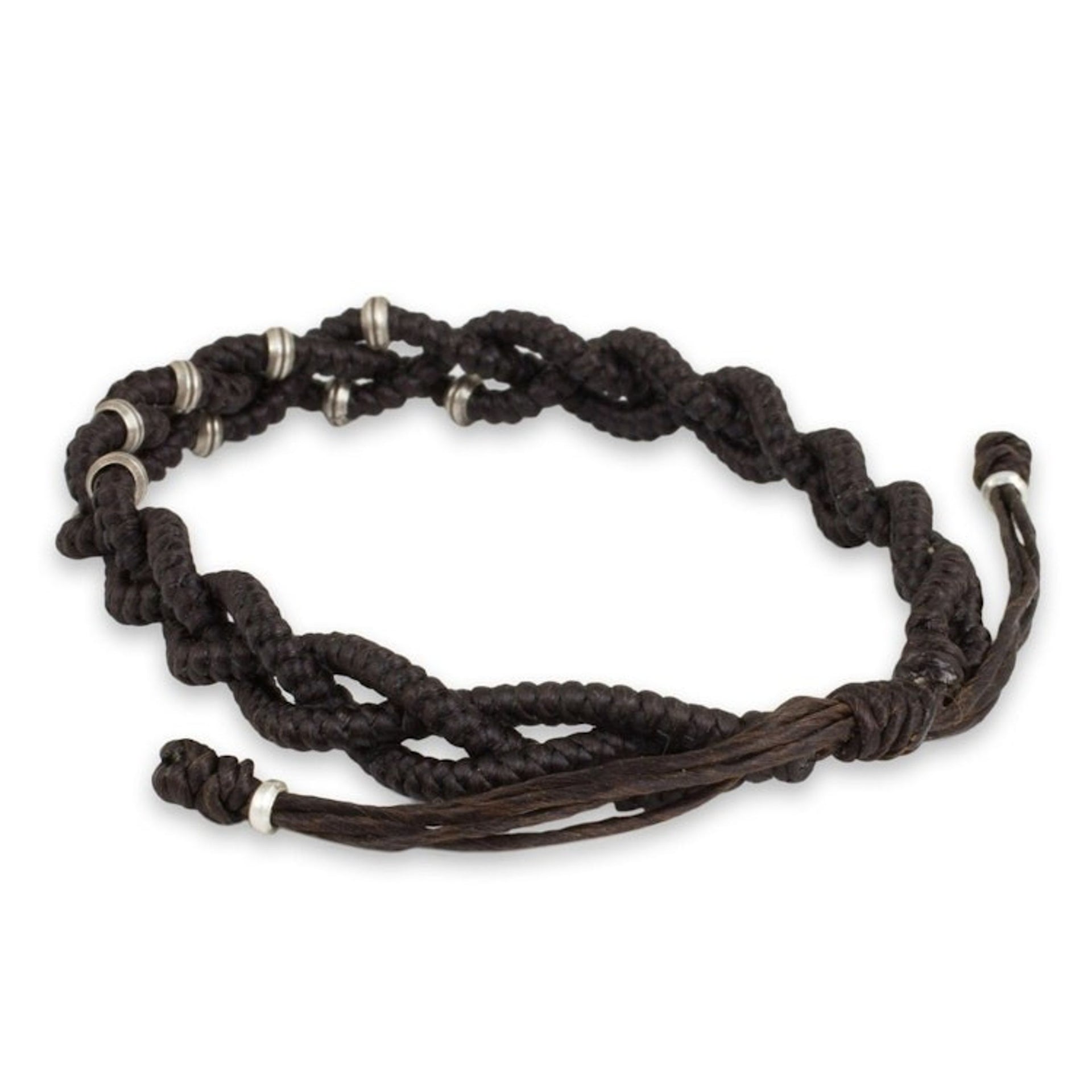 Braided Macrame Bracelet in Espresso Brown with Silver 950 'Brown Hill Tribe Bride'