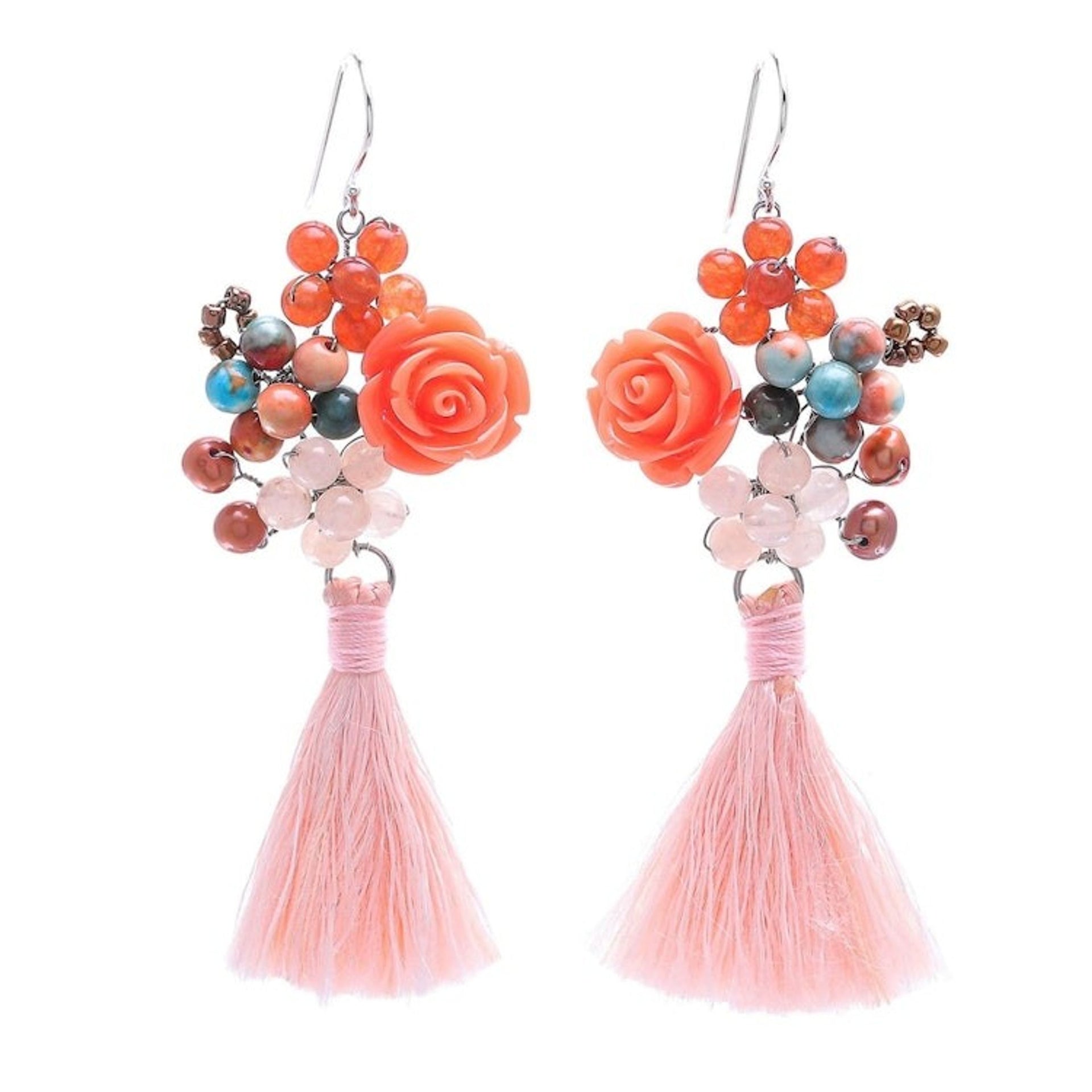 Agate and Cultured Freshwater Pearl Dangle Earrings 'Candy Bouquet in Orange'
