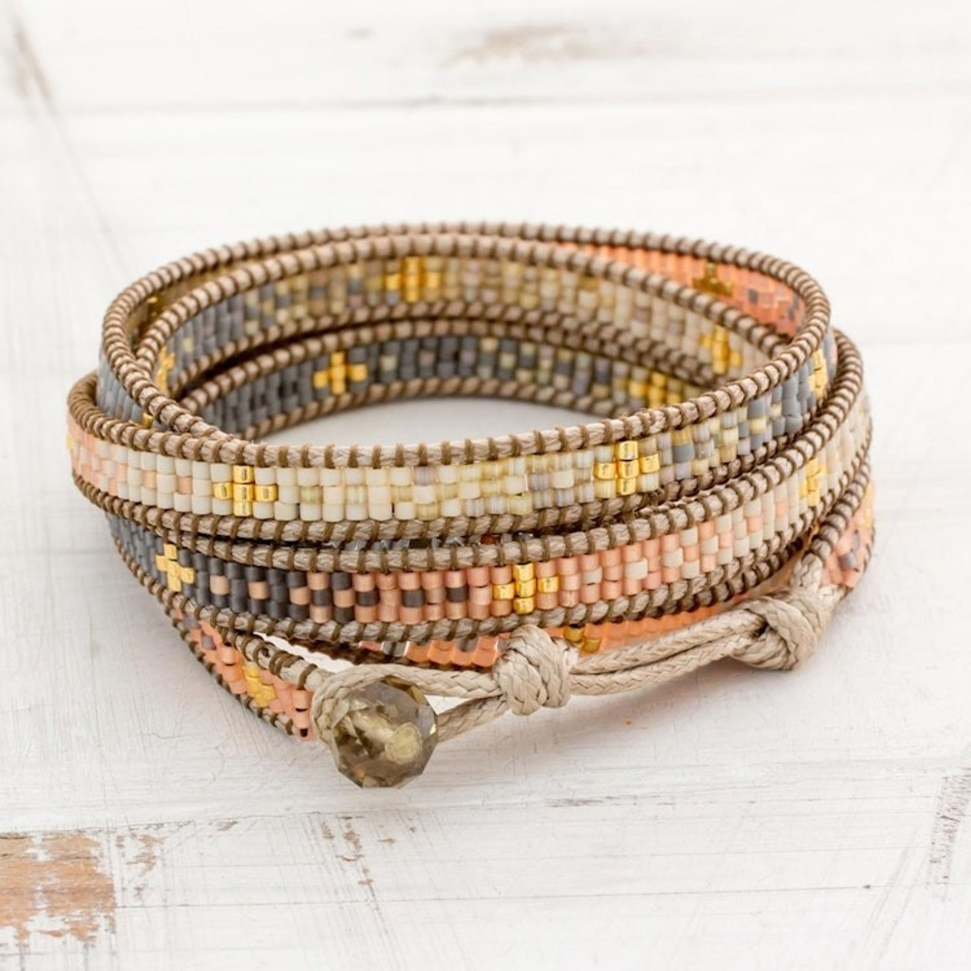 Colorful Glass Beaded Wrap Bracelet from Guatemala 'Cerro de la Cruz in Grey'