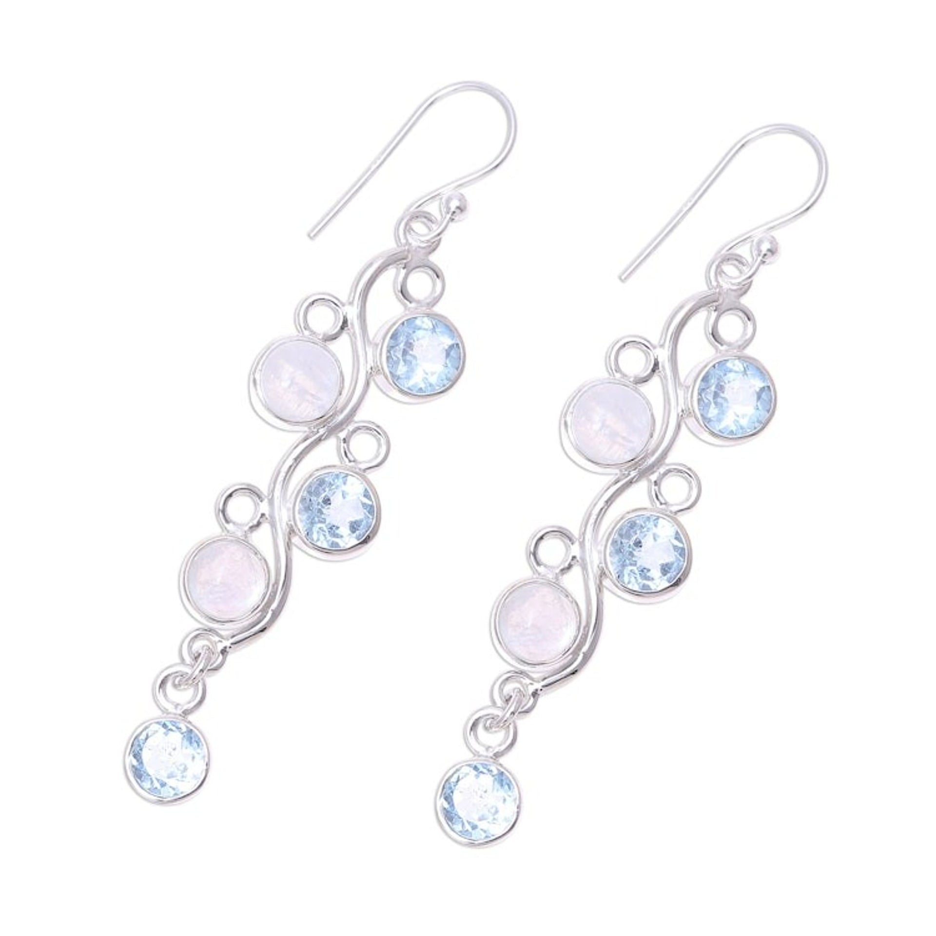 Blue Topaz and Rainbow Moonstone Earrings from India 'Morning Climber'