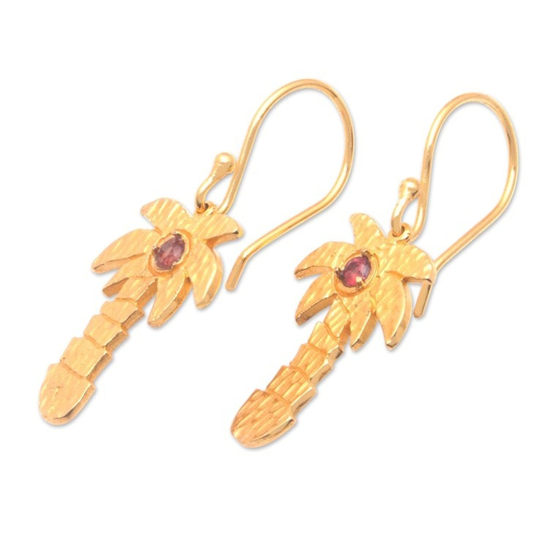 18k Gold-Plated Tropical Dangle Earrings with Garnet Stones 'Tropical Crimson'
