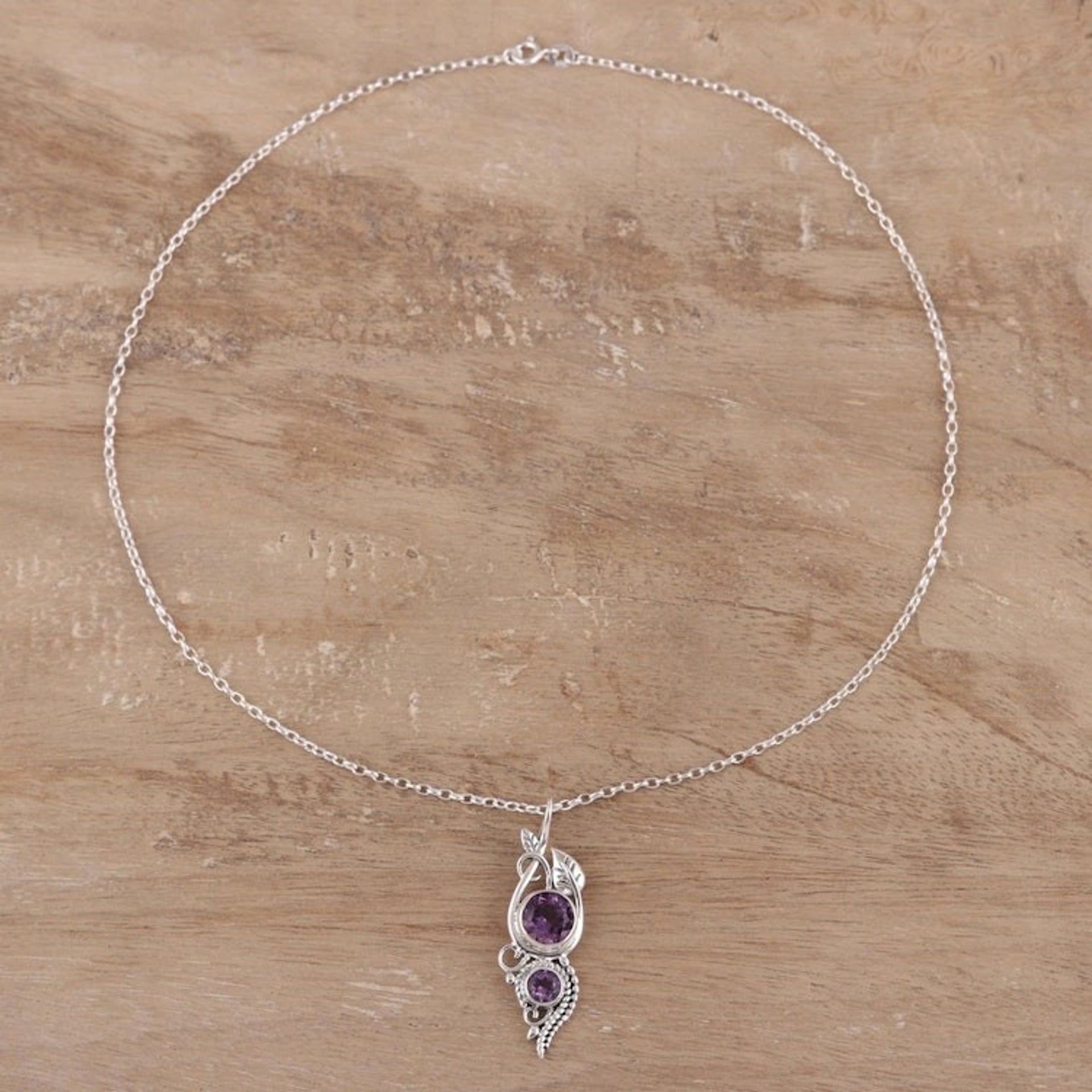 Amethyst Leaf Pendant Necklace from India 'Classic Glory'