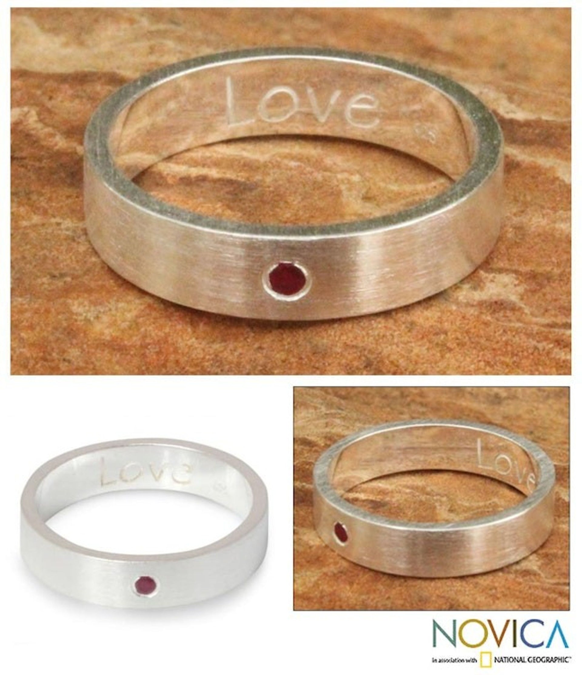 Sterling Silver and Garnet Band Ring 'Impressed by Love'
