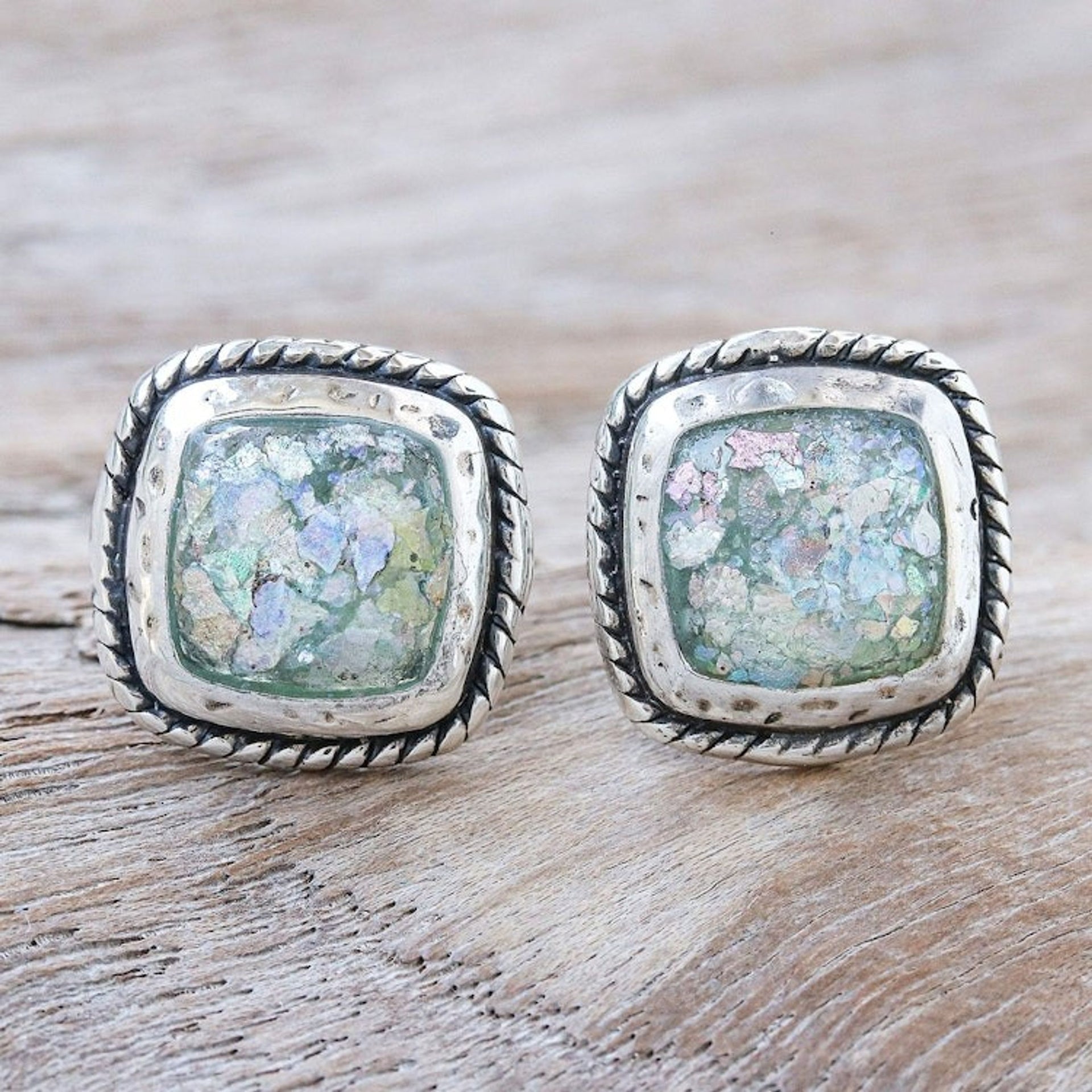 Roman Glass and Sterling Silver Button Earrings 'Ancient Mirror'