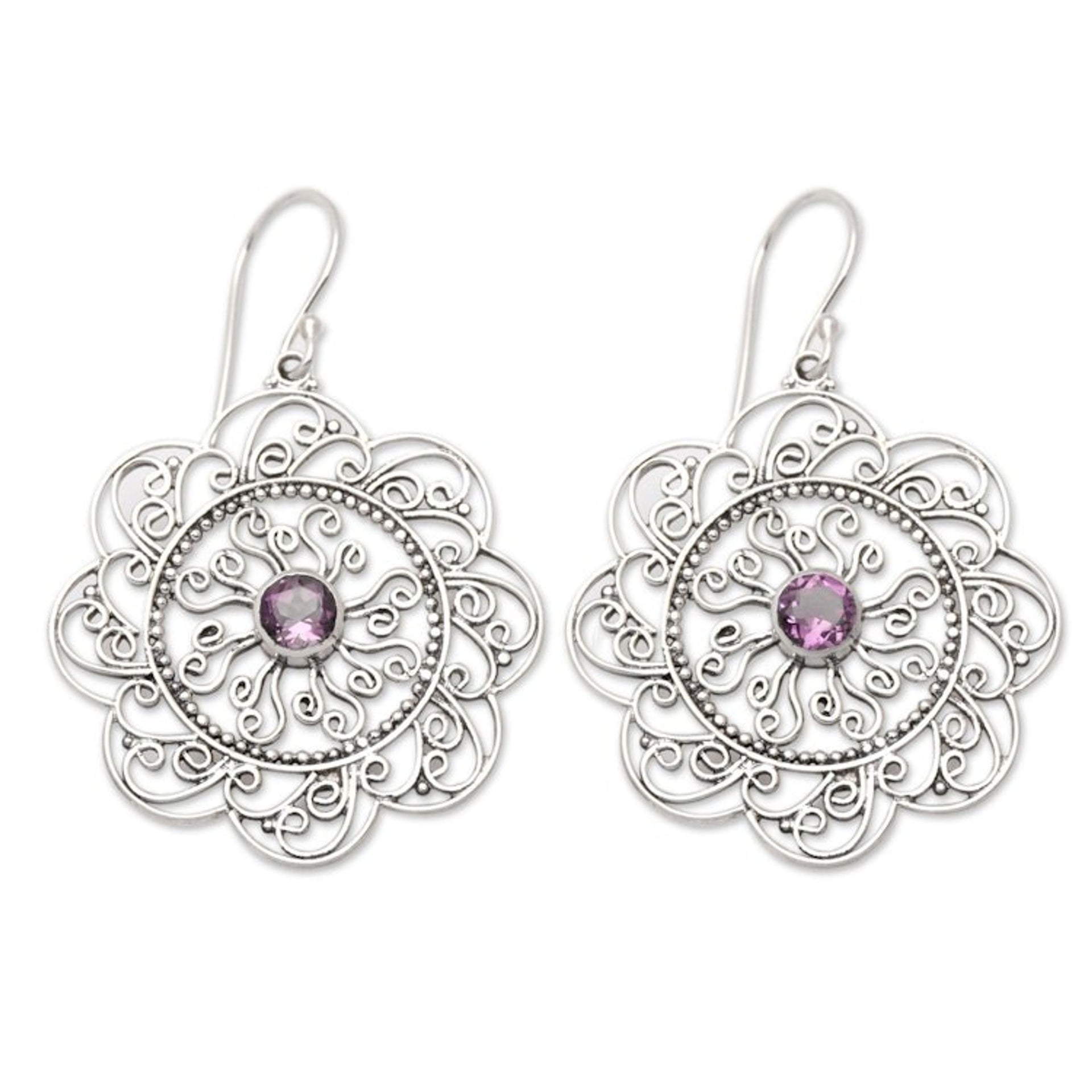 Floral and Sun-Inspired Amethyst Filigree Dangle Earrings 'Noble Sunset'