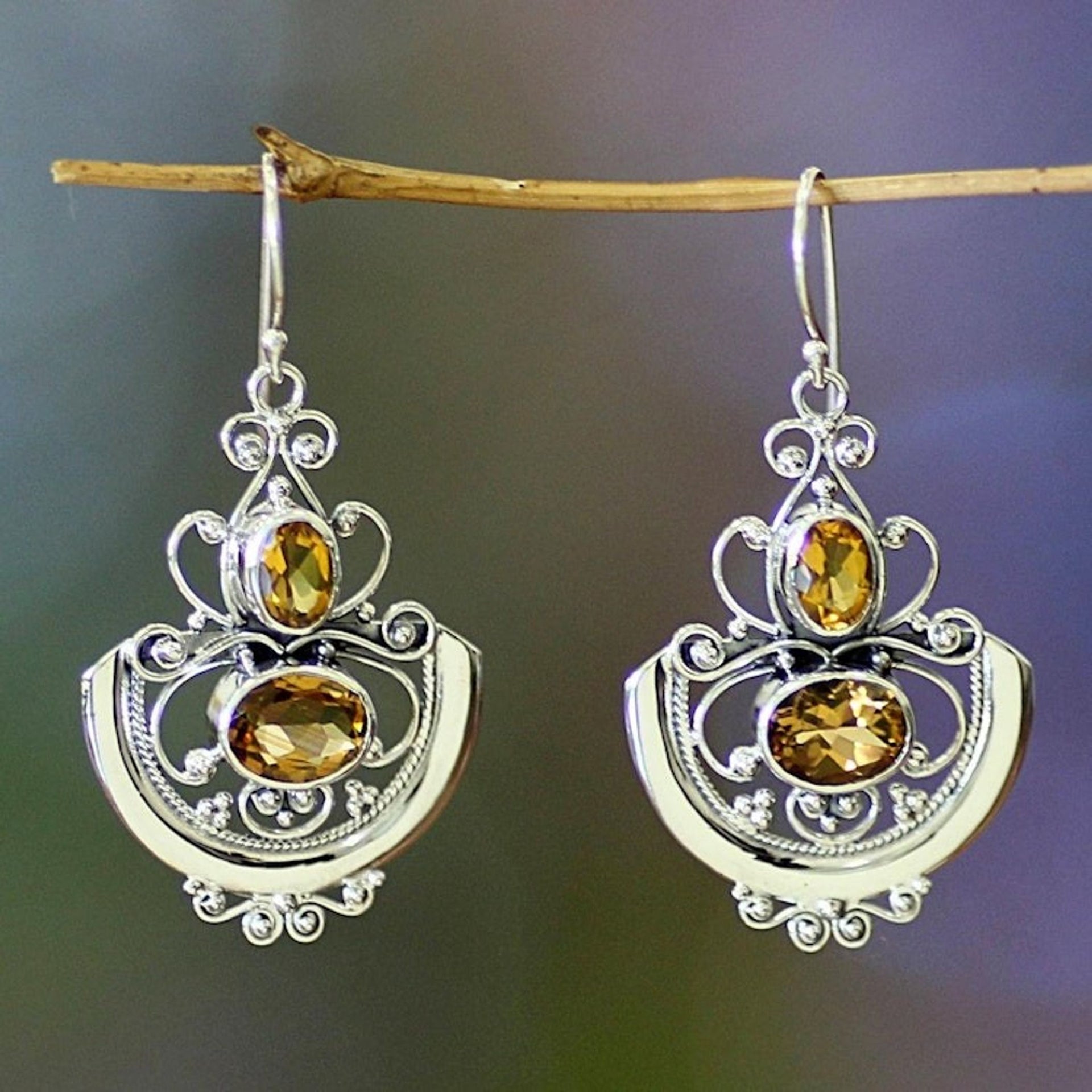Fair Trade Sterling Silver and Citrine Dangle Earrings 'Balinese Goddess'