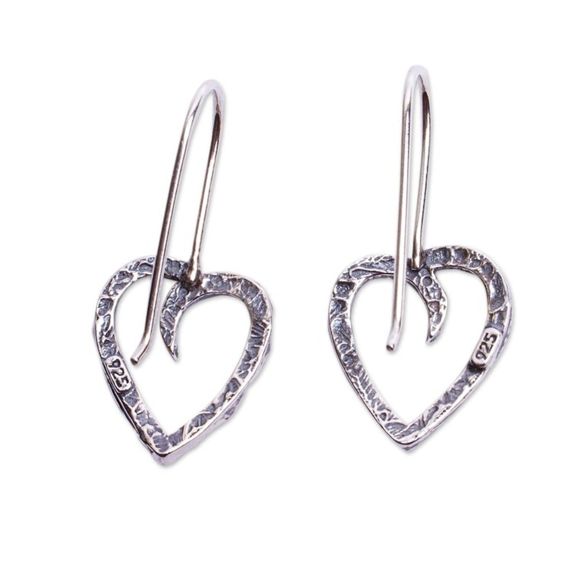 925 Sterling Silver Hammered Heart Drop Earrings from Mexico 'Love of My Soul'