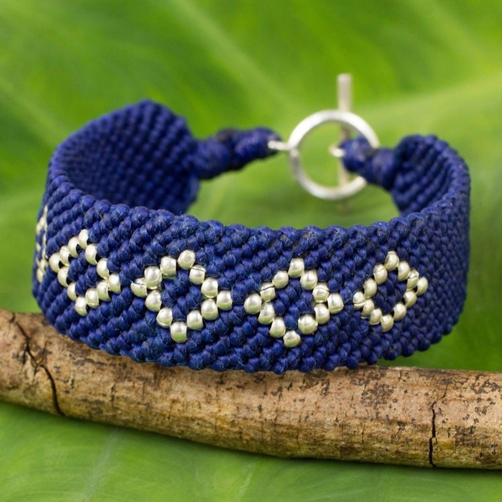 Hand Crafted Polyester Braided Bracelet with Silver Beads 'Blue Geometric'