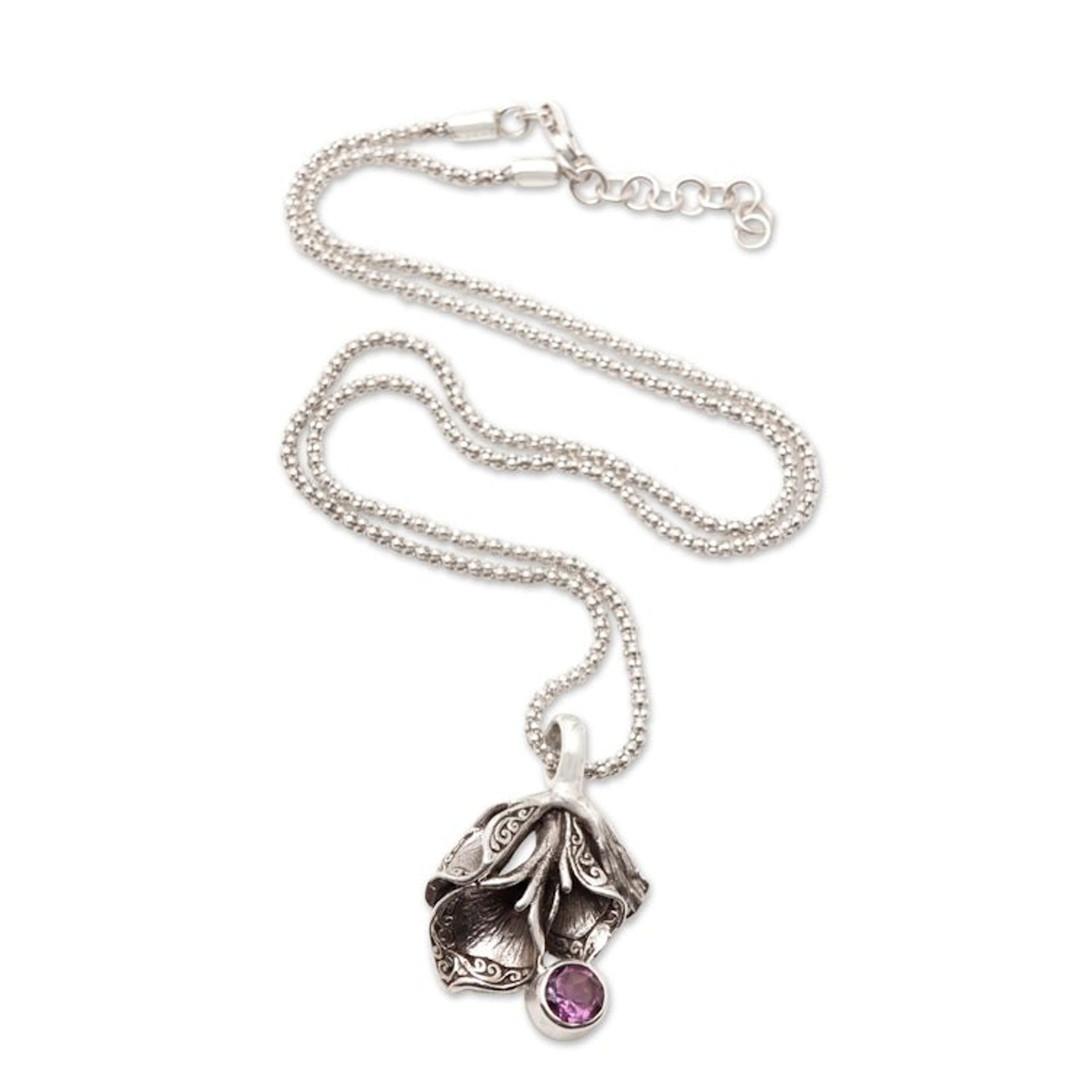 Floral Pendant Necklace with Faceted Amethyst Gemstone 'Bouquet of Truth'