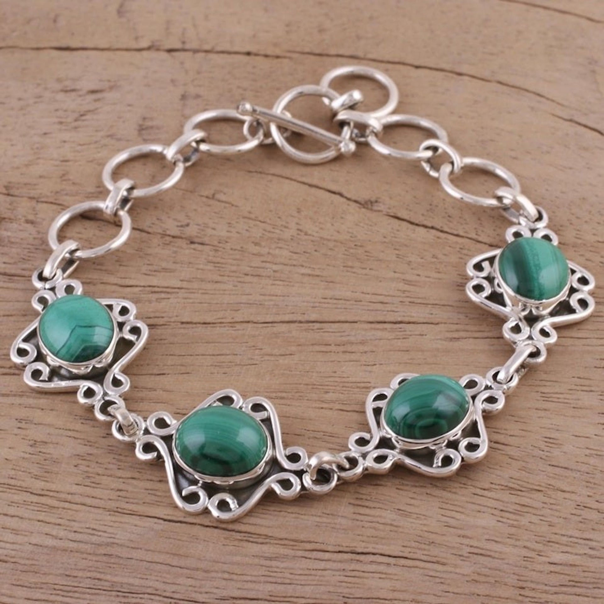 Malachite Swirling Link Bracelet Crafted in India 'Lush Connection'