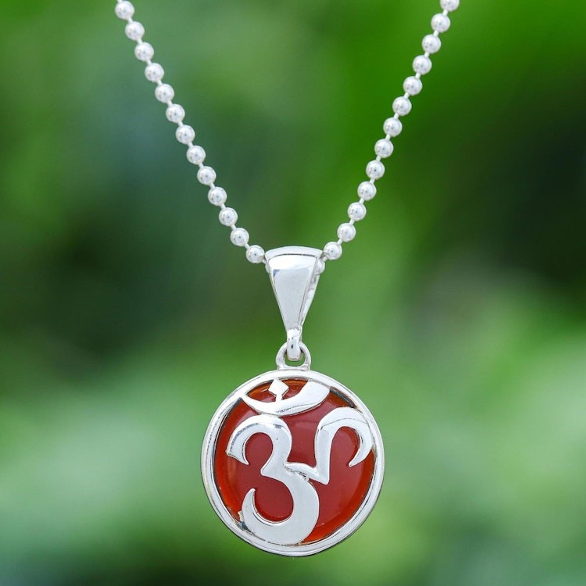 Carnelian and Sterling Silver Om Necklace 'The Spirit in Orange'