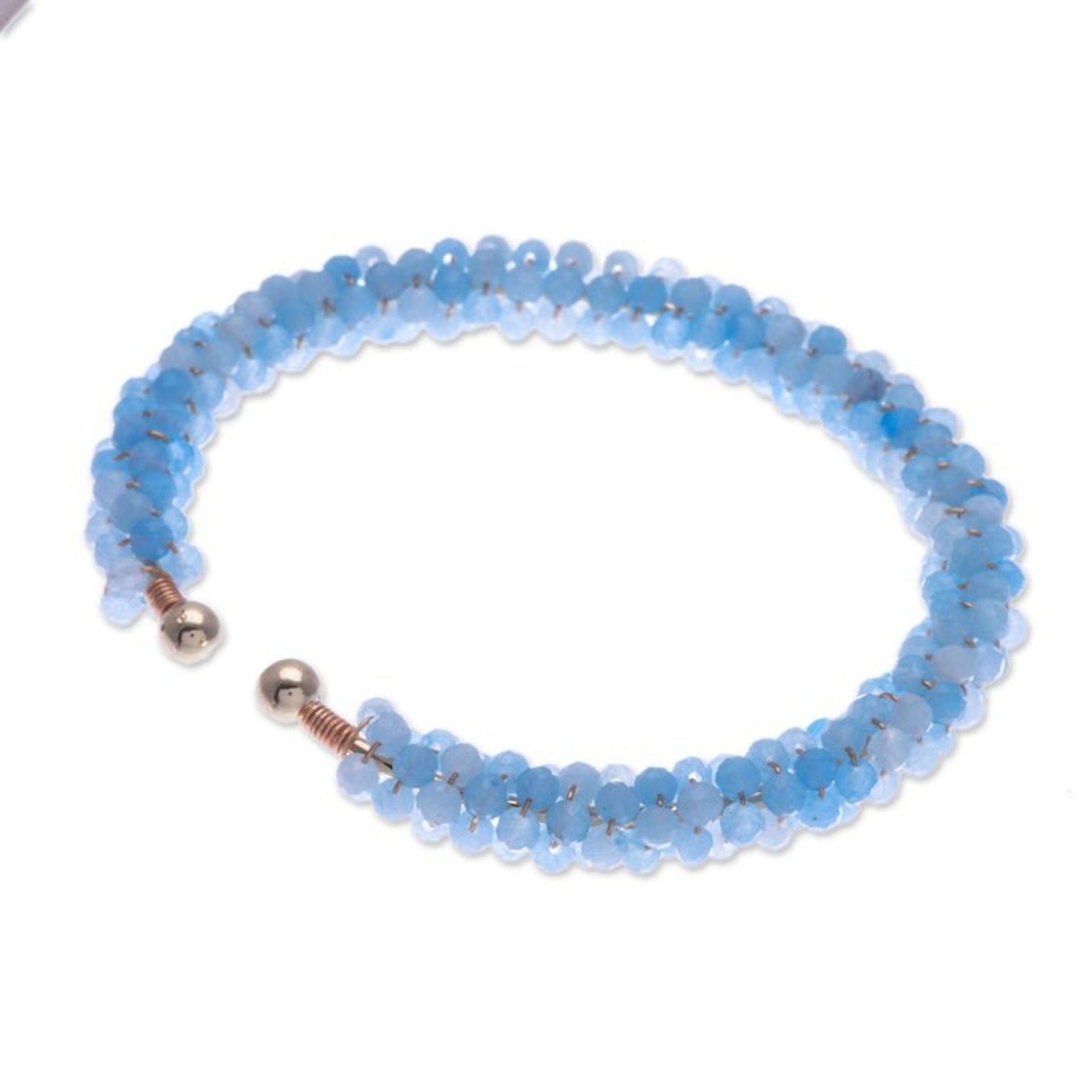 Blue Quartz Brass and Copper Wire Beaded Cuff Bracelet 'Elysian Beauty'