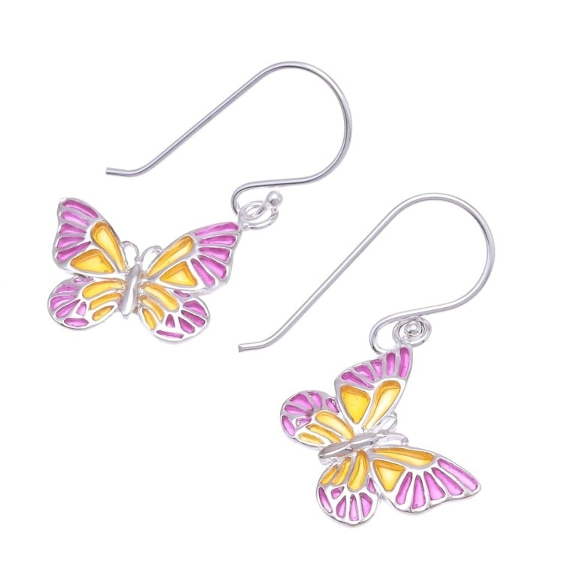 Pink and Yellow Sterling Silver Butterfly Dangle Earrings 'Sweet Butterflies'