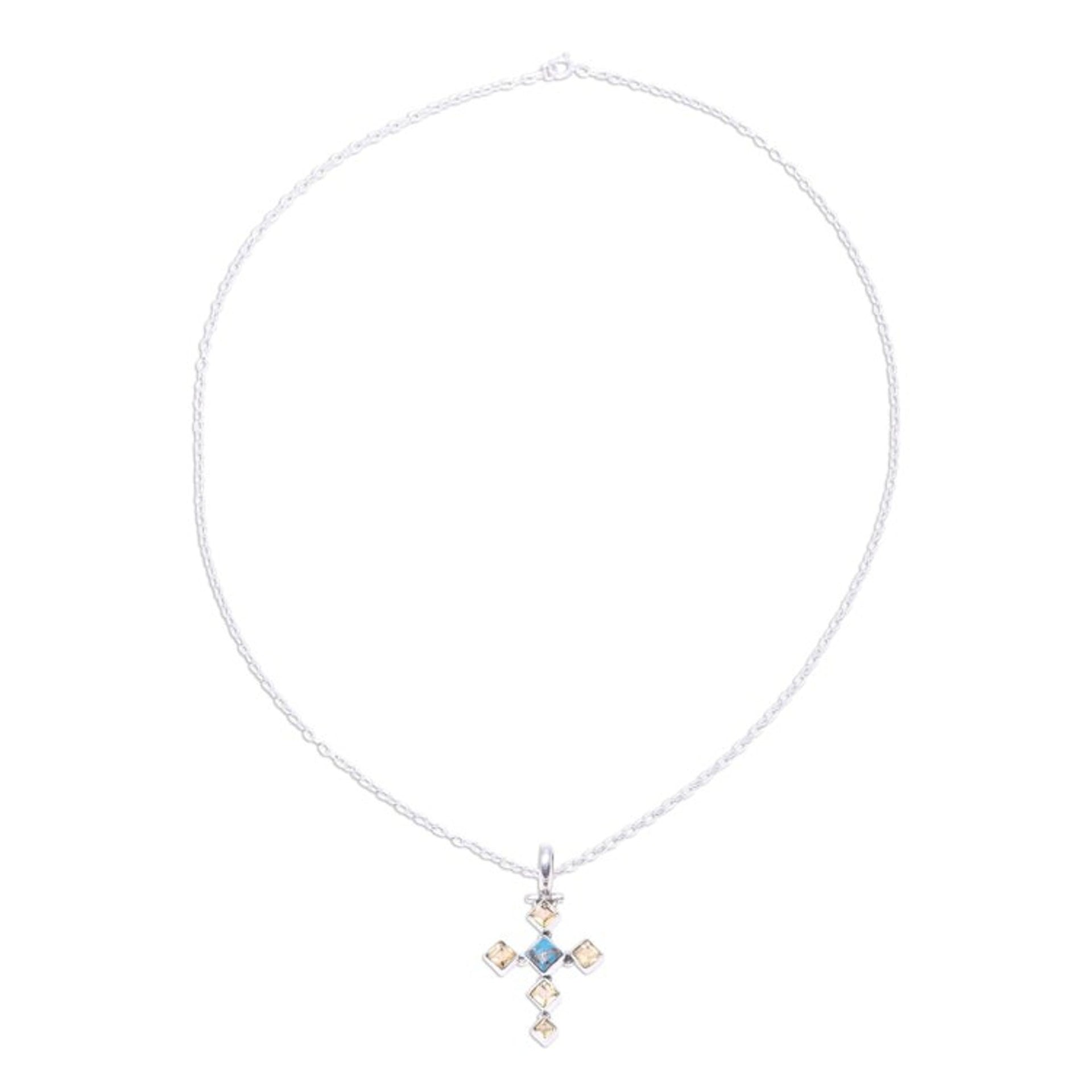 Citrine and Composite Turquoise Cross Pendant Necklace 'Sunny Cross'