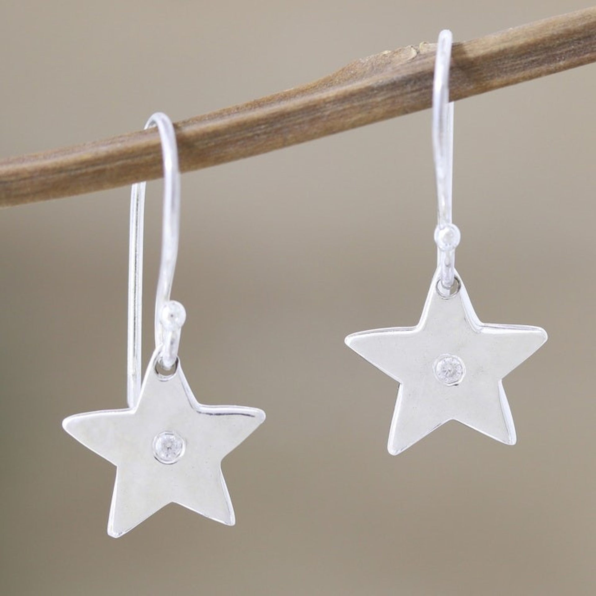 Indian Cubic Zirconia Dangle Earrings with Star Motif 'Winter Star'