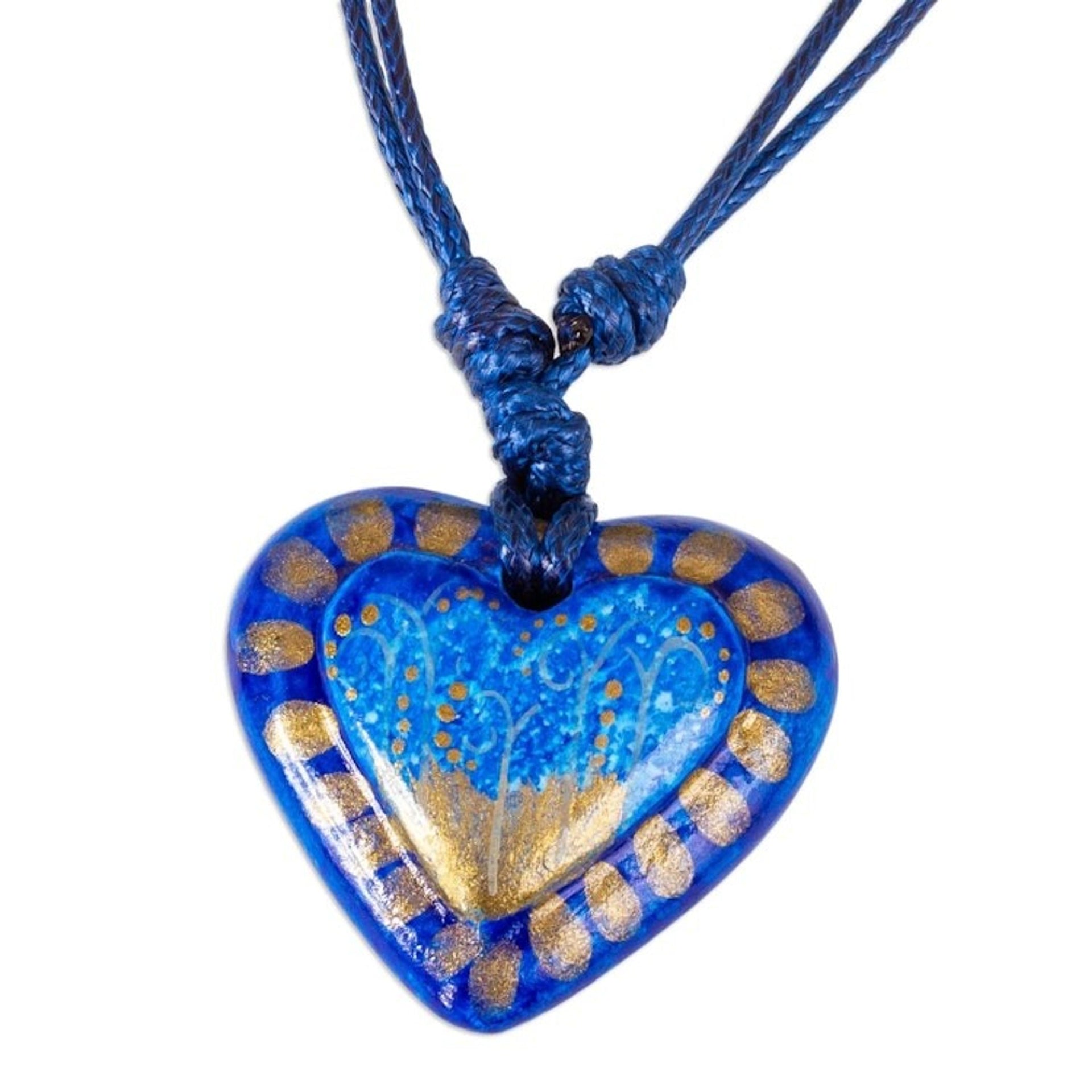 Papier Mache Adjustable Blue Heart Golden Trim Necklace 'Deep Sea Illusion'