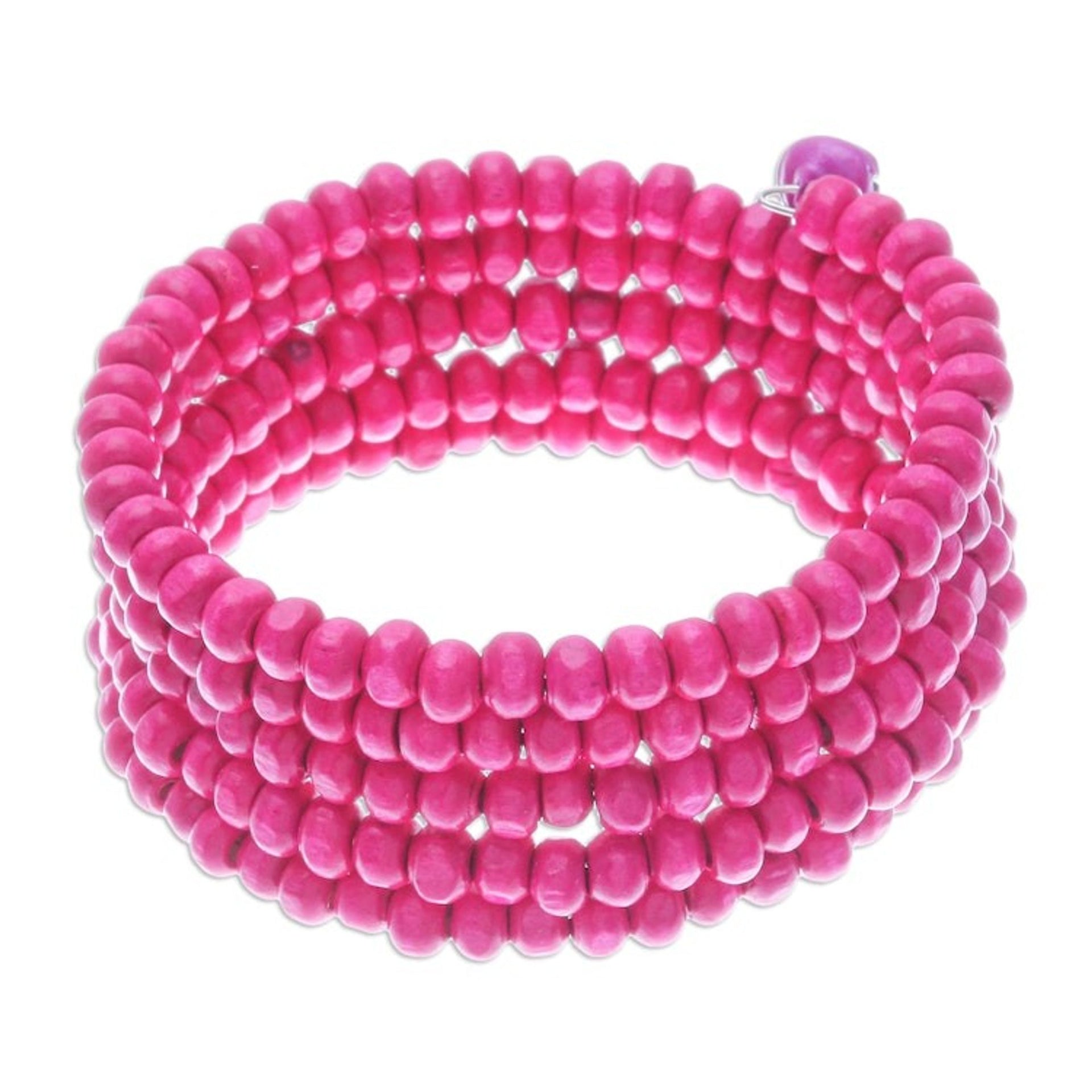 Fuchsia Beaded Wood Wrap Bracelet with Bells 1 In 'Fuchsia Spin'