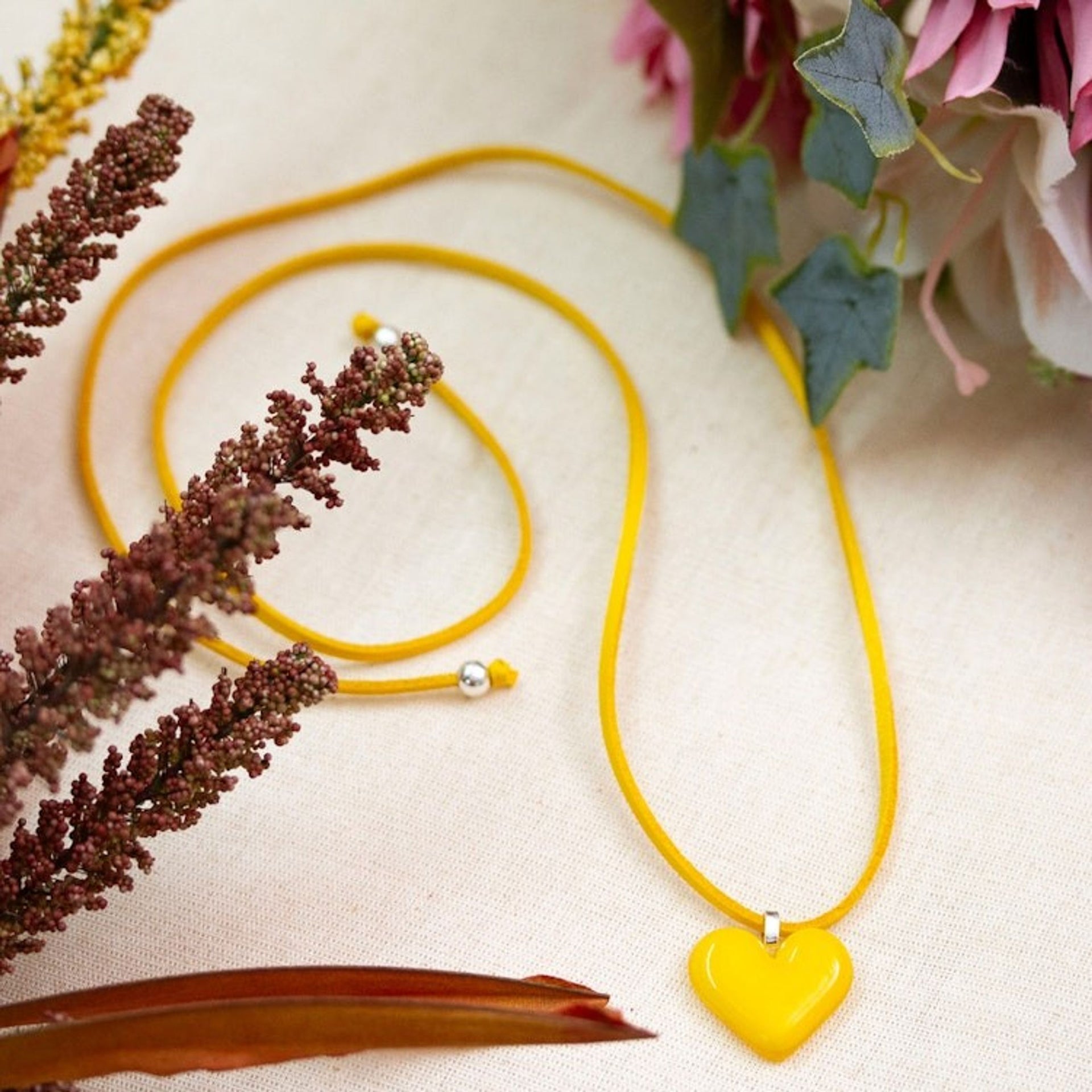 Art Glass Heart-Shaped Pendant Necklace in Goldenrod Yellow 'My Goldenrod Love'