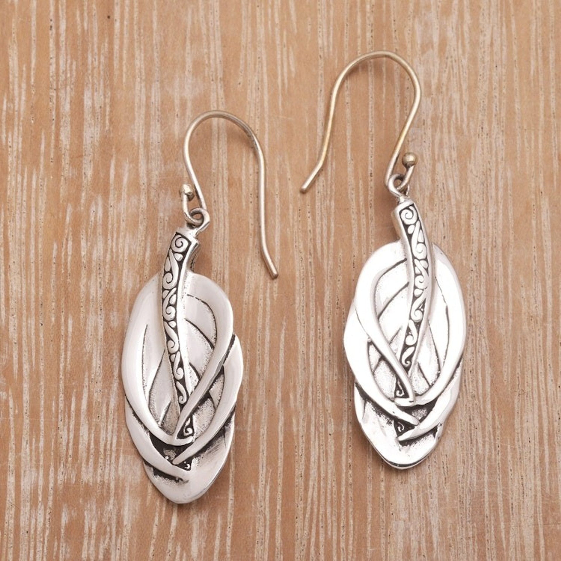 Feather-Shaped Sterling Silver Dangle Earrings from Bali 'Tufted Feathers'