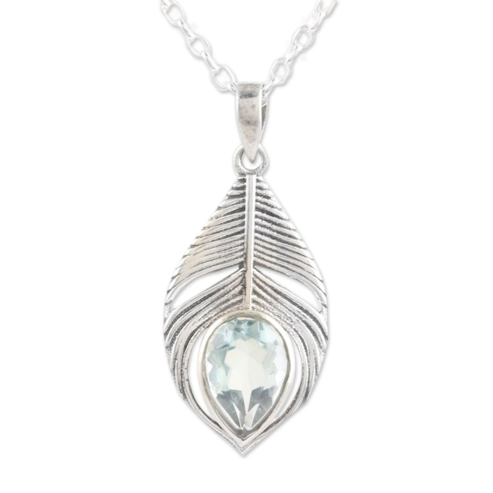 Three-Carat Blue Topaz Feather Pendant Necklace from India 'Radiant Freedom'