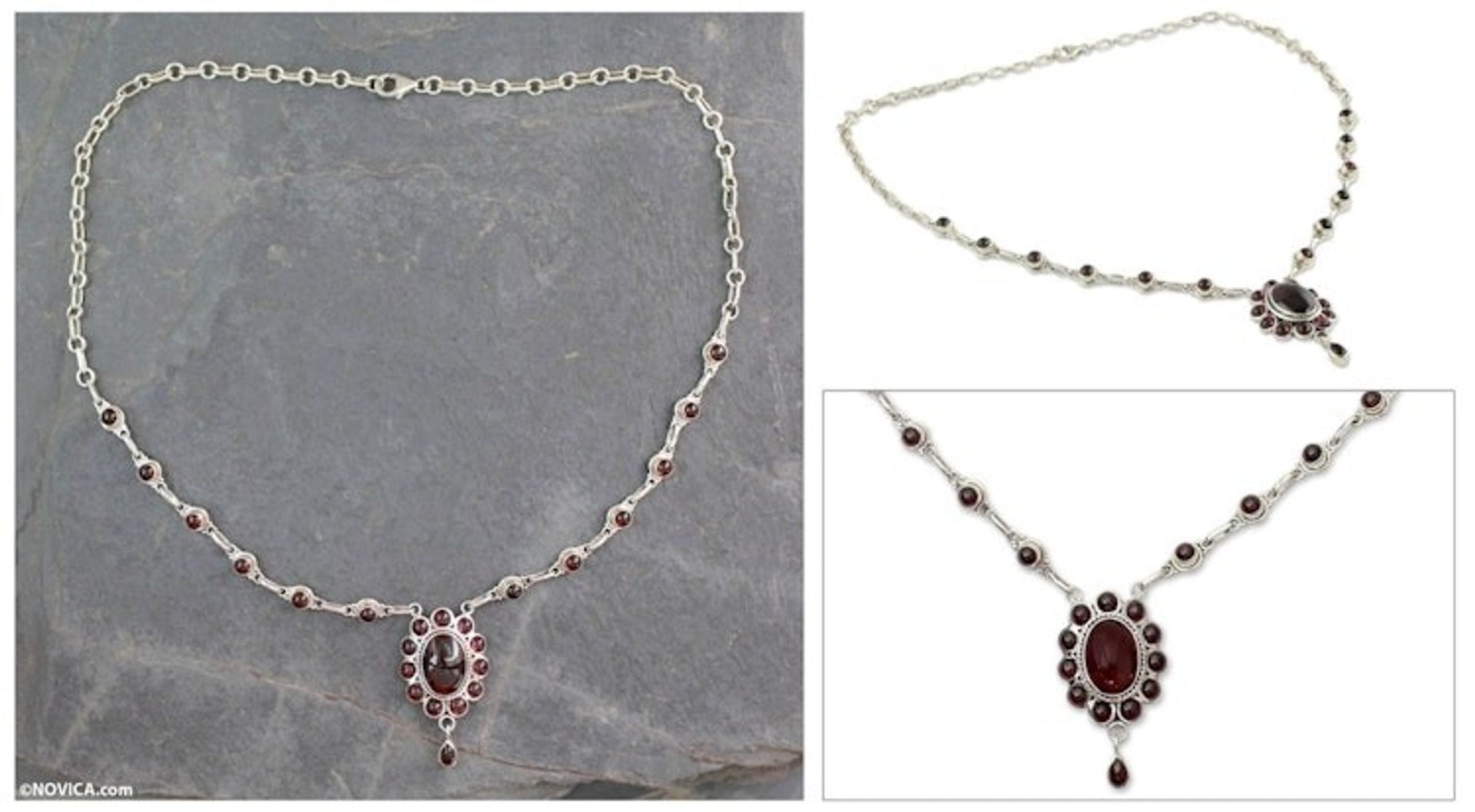 Silver Necklace with 23 Garnets 'Romantic Wine'