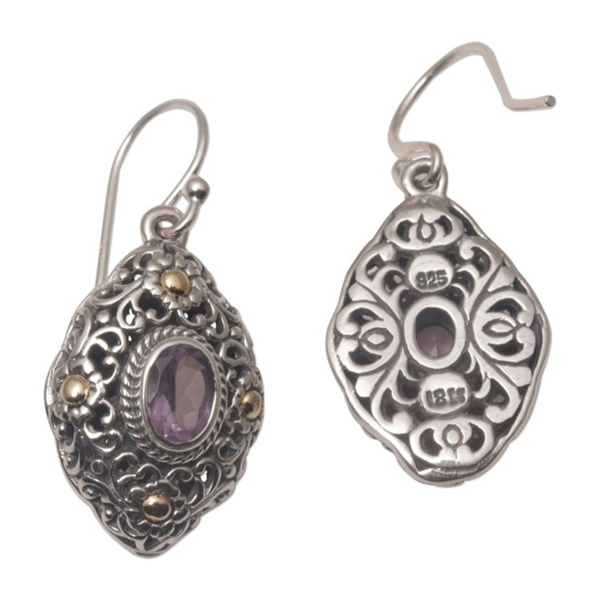 Gold Accent Amethyst Floral Dangle Earrings from Bali 'Floral Dew'