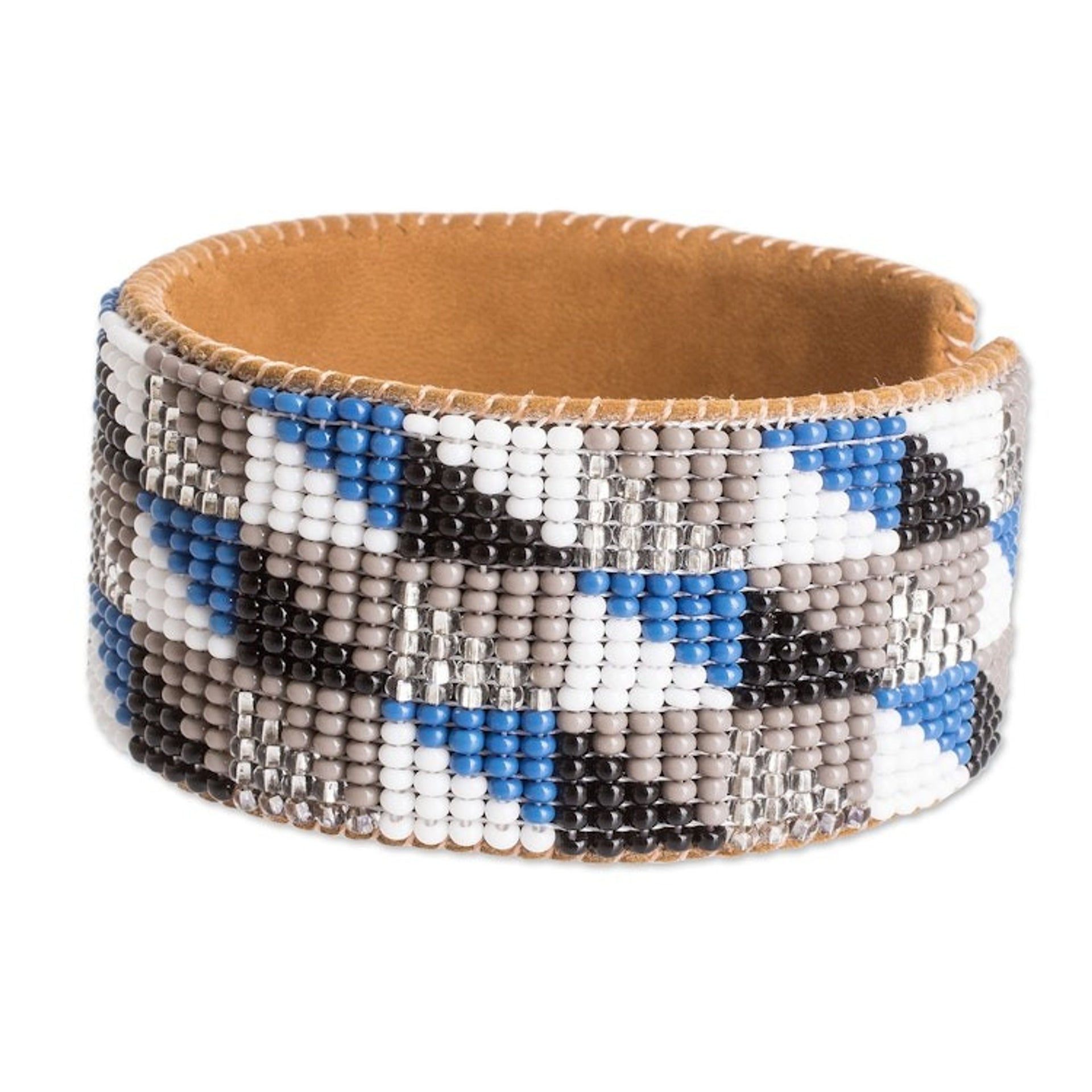 Modern Geometric Leather-Accented Glass Beaded Cuff Bracelet 'Harmony Shapes'