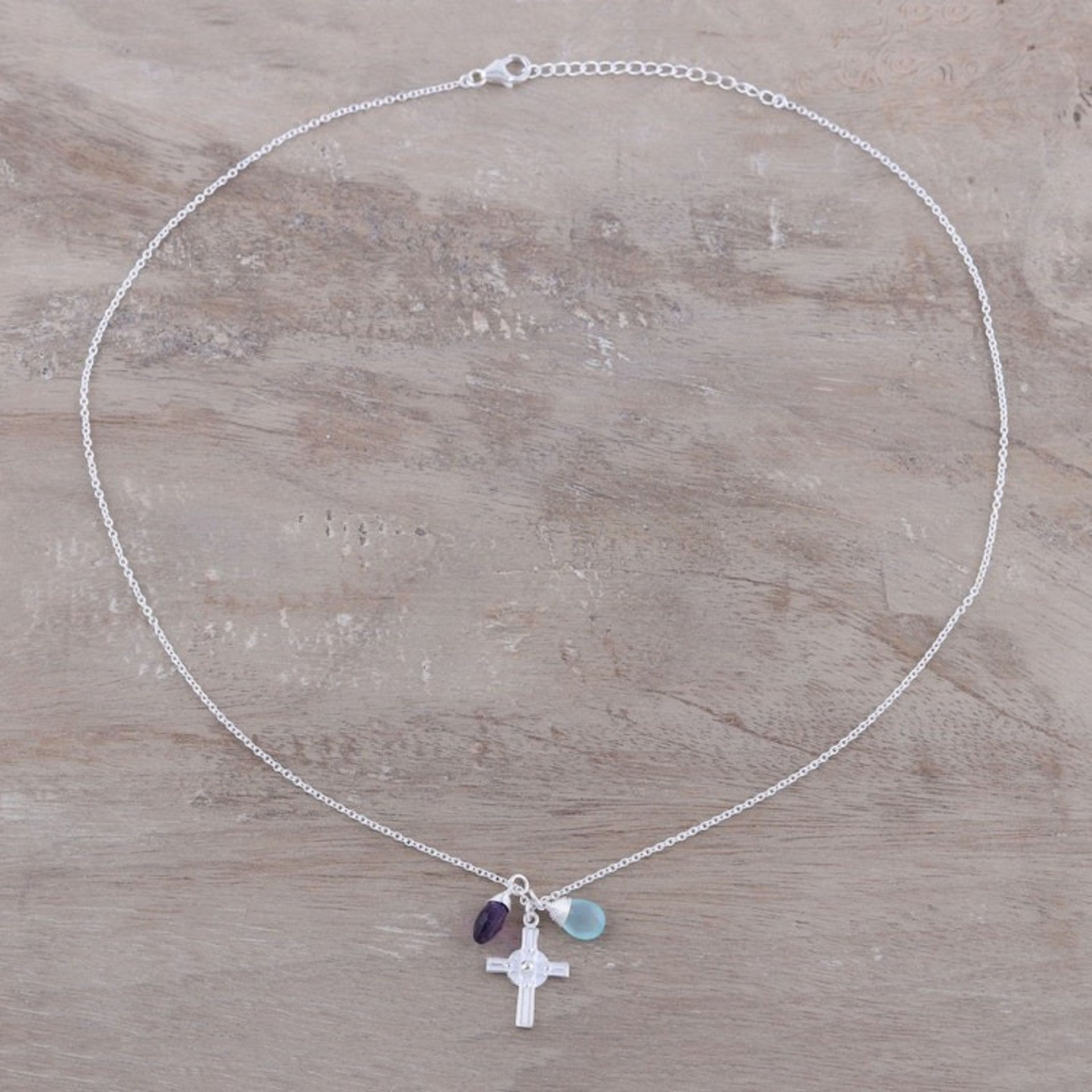 Amethyst and Chalcedony Cross Pendant Necklace from India 'Christian Elation'