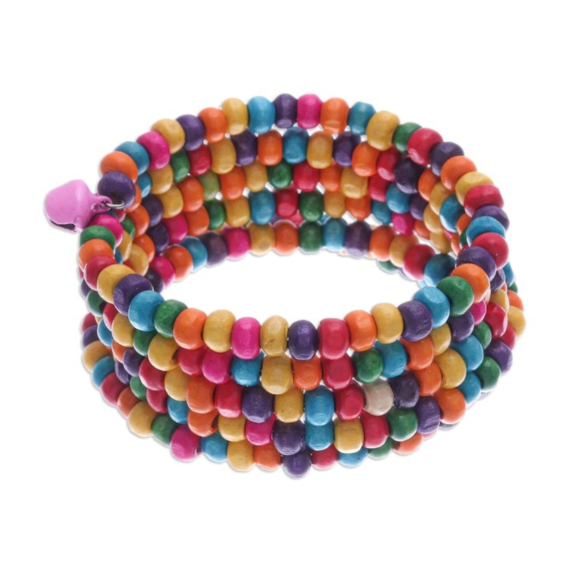 Multicolor Wood Beaded Wrap Bracelet with Bells 1.5 In 'Bubblegum Spin'