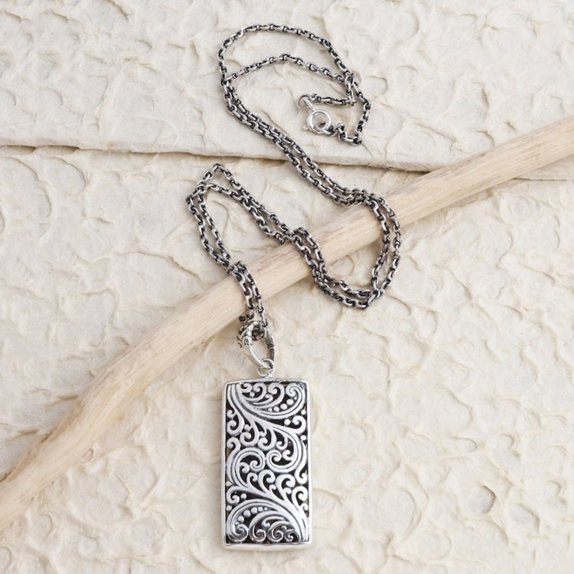 Hand Made Sterling Silver Pendant Necklace 'Decorative Rectangle'