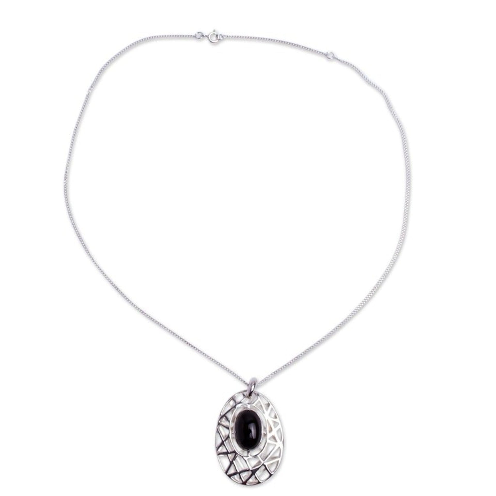 Modernist Silver and Obsidian Pendant Necklace from Mexico 'Lunar Obsidian'