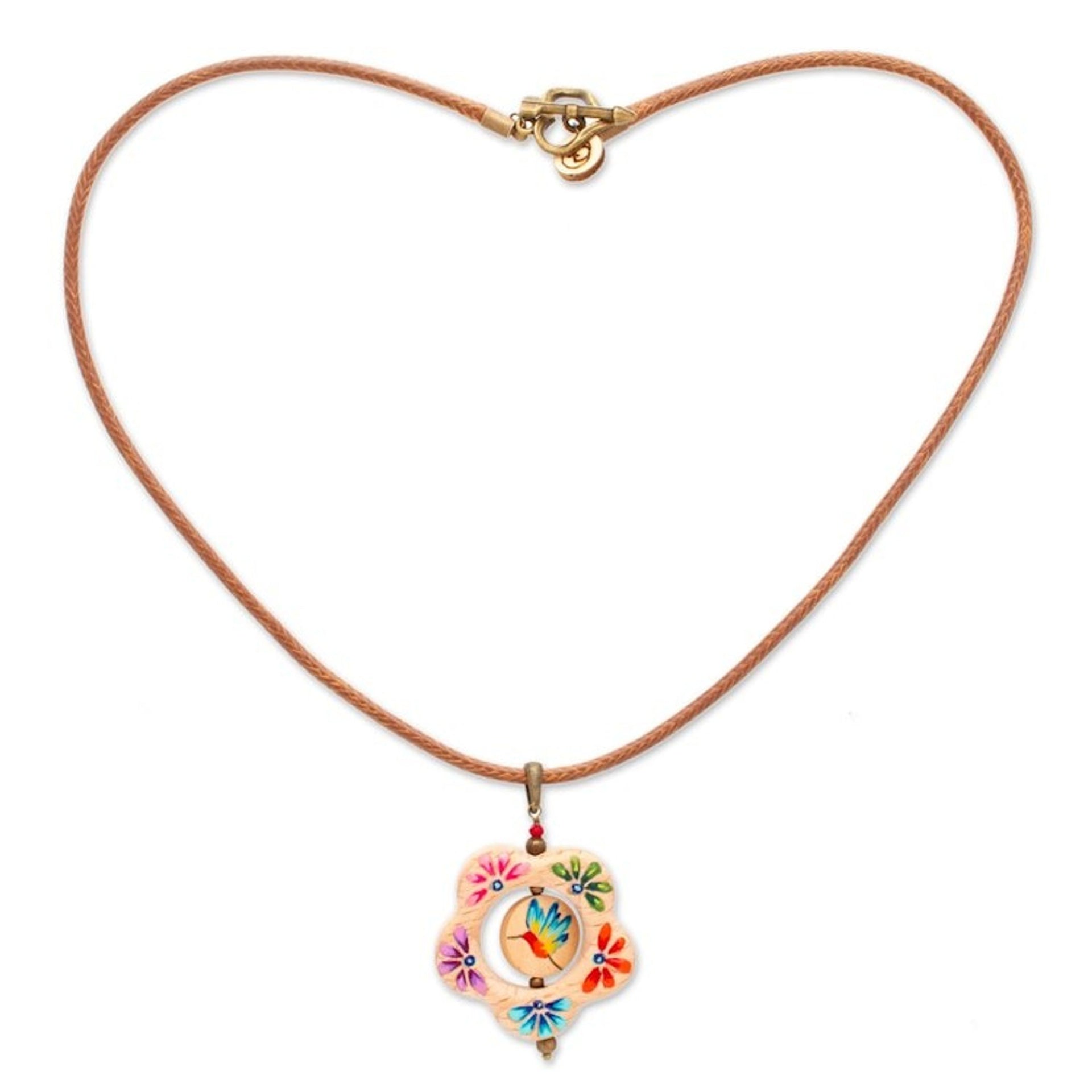 Hummingbird Floral Hand-Painted Wood Pendant Necklace 'Hummingbird Bloom'