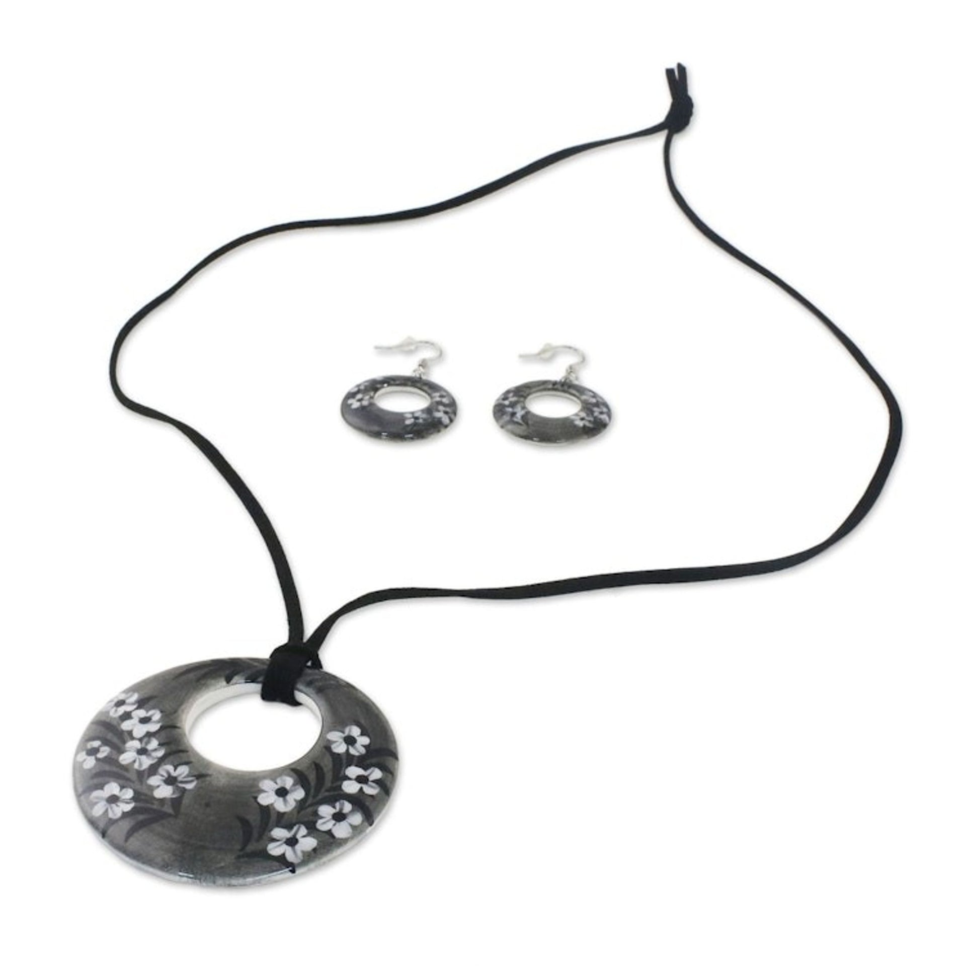 Ceramic Black Floral Pendant Necklace Dangle Earrings Set 'Blooming Midnight'