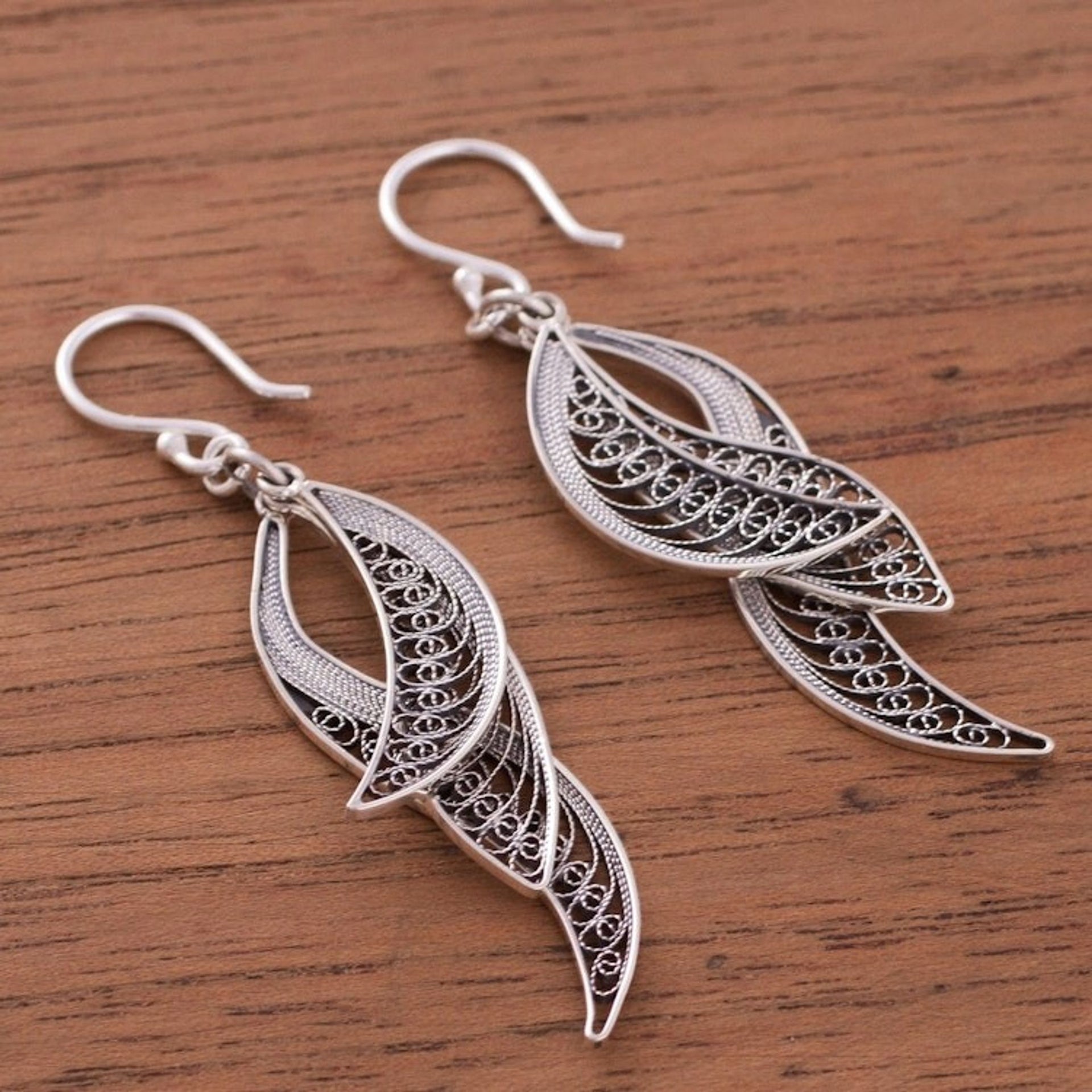 Sterling Silver Filigree Dangle Earrings Crafted in Peru 'Dark Windswept'