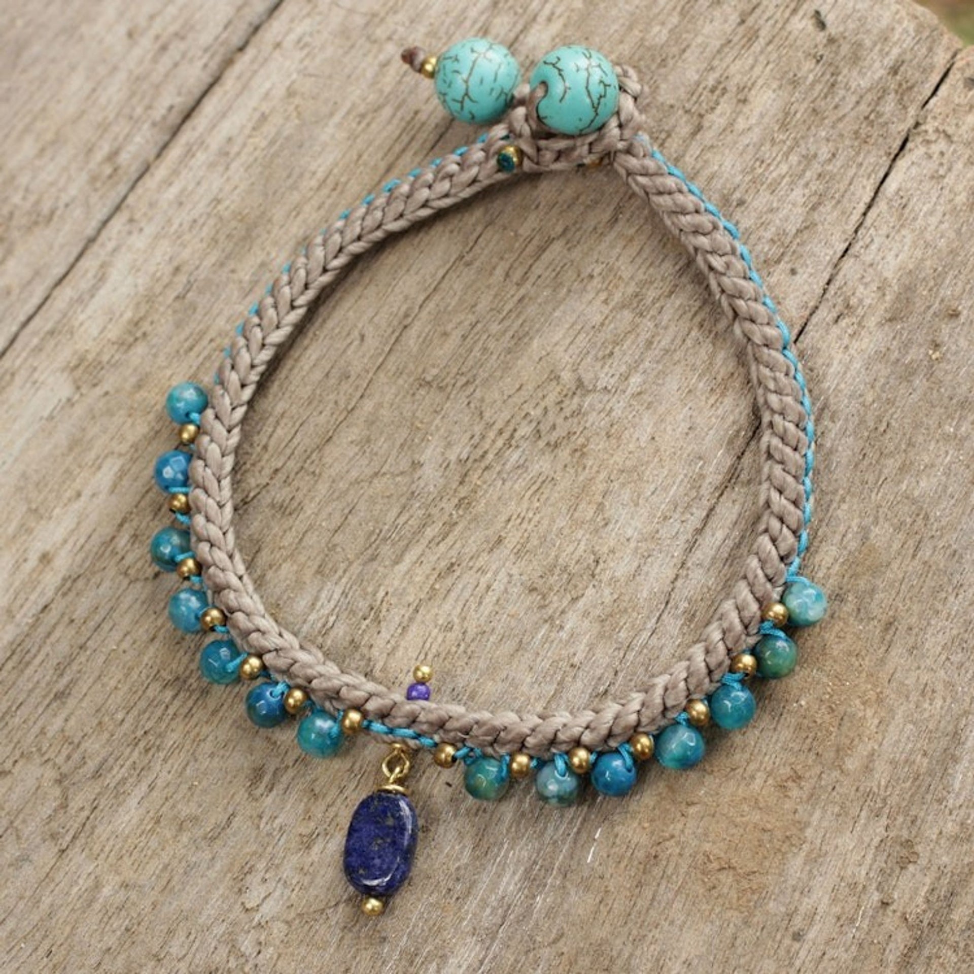 Lapis Lazuli and Agate Braided Bracelet with Brass Beads 'Mae Sa Cascade'