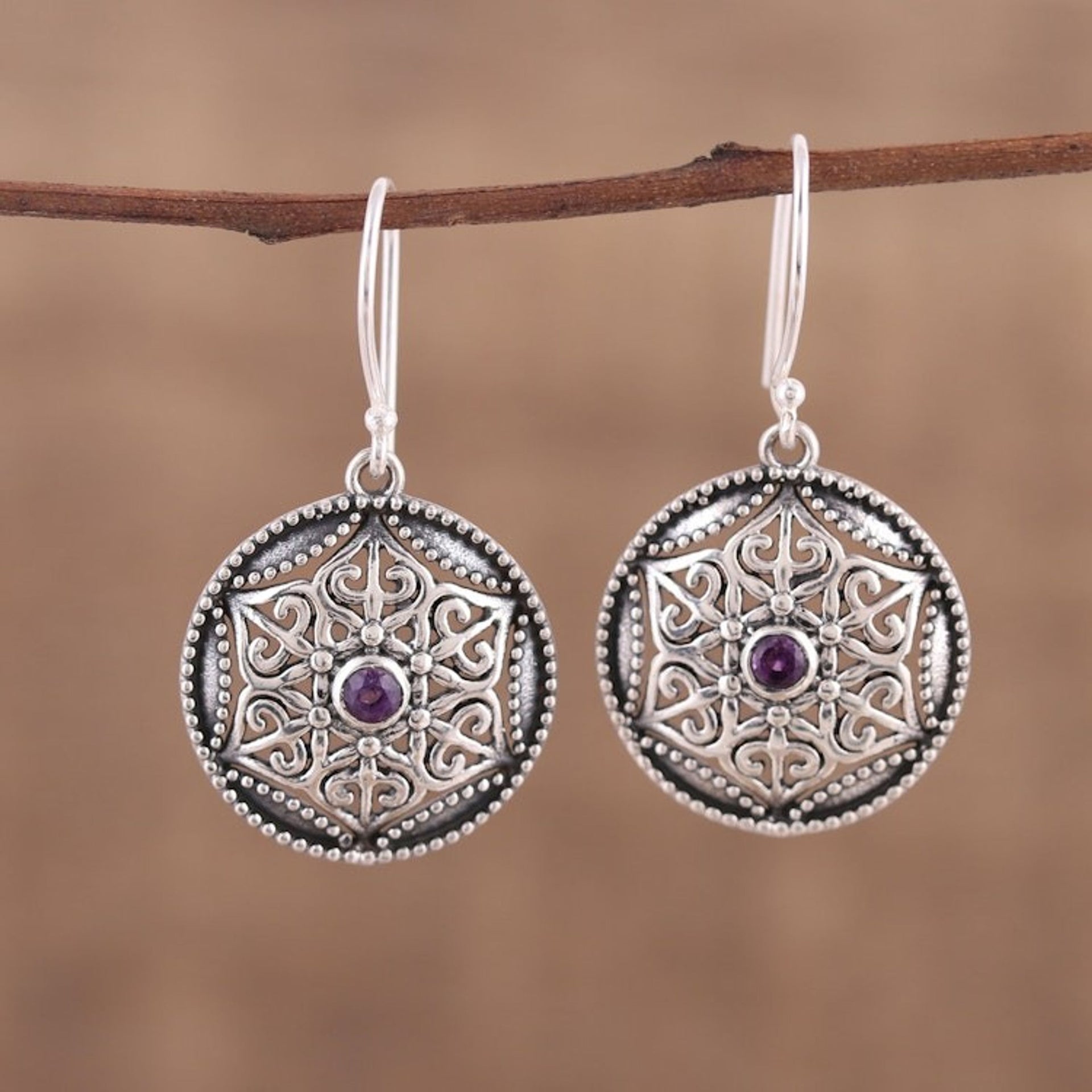 Amethyst and Silver Floral Dangle Earrings form India 'Untouched Beauty'