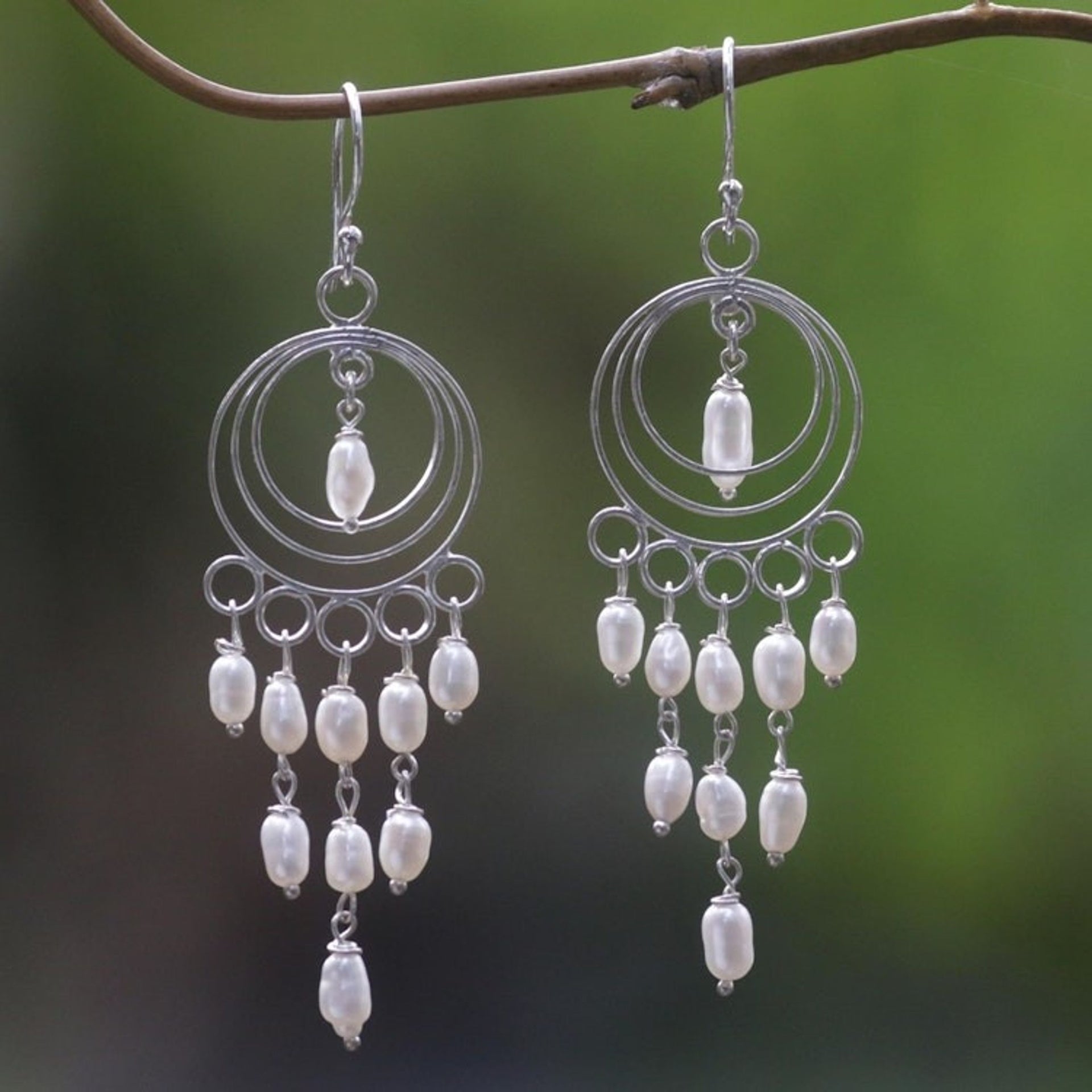 Sterling Silver and Cultured Pearl Chandelier Earrings 'Moonlit Circles'