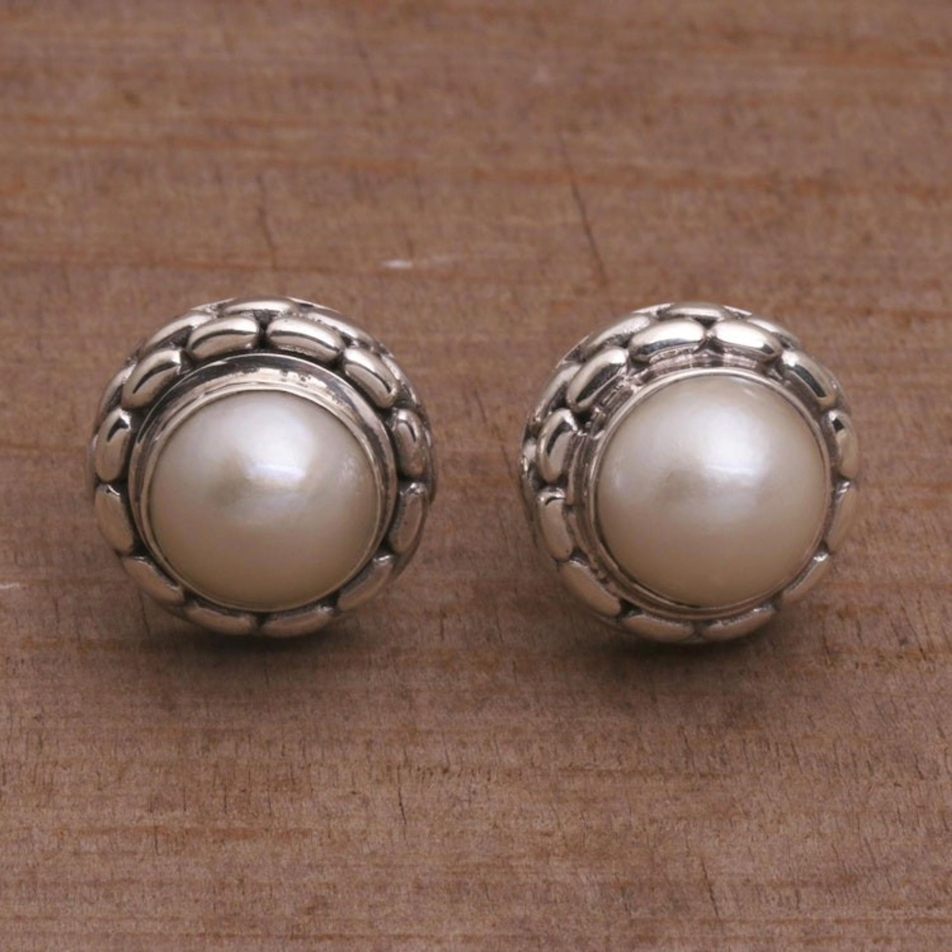 Cultured Pearl and Sterling Silver Button Earrings from Bali 'Temple Domes'
